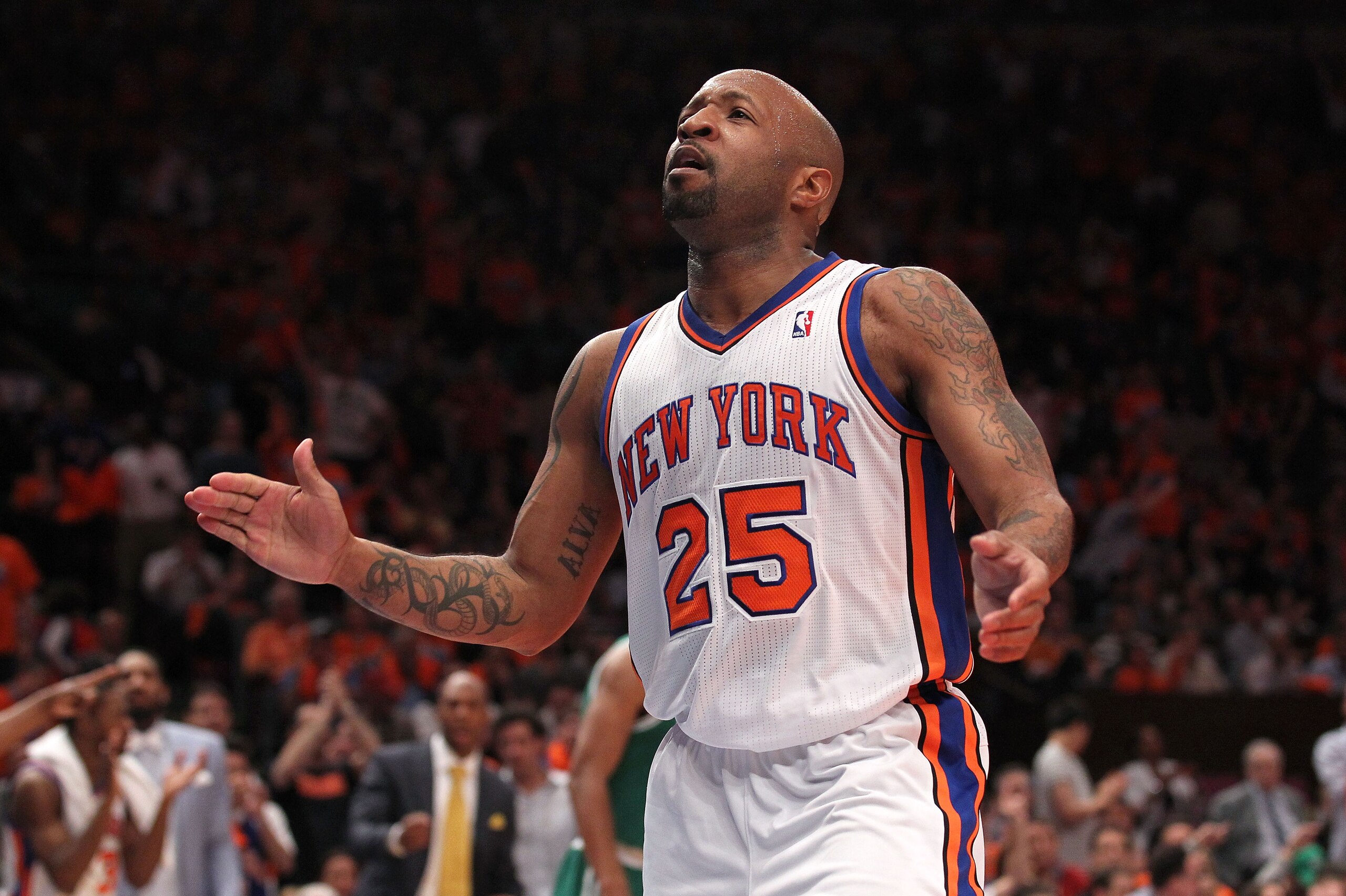 NEW YORK, NY - APRIL 24:  Anthony Carter #25 of the New York Knicks reacts against the Boston Celtics in Game Four of the Eastern Conference Quarterfinals during the 2011 NBA Playoffs on April 24, 2011 at Madison Square Garden in New York City. The Celtic