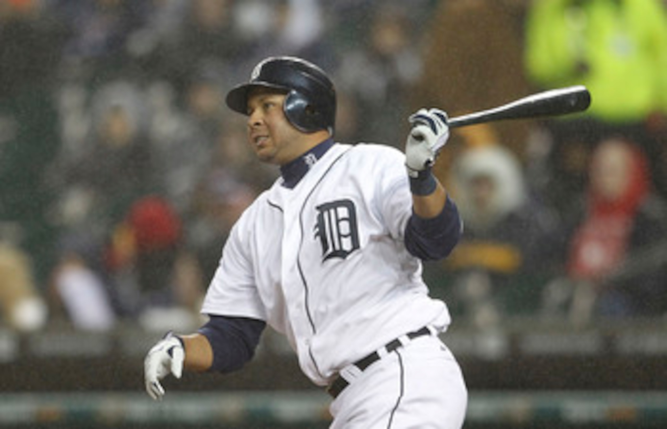 DETROIT - APRIL 22: Jhonny Peralta #27 of the Detroit Tigers triples to deep center field in the second inning scoring Miguel Cabrera (not in photo) during the game against the Chicago White Sox at Comerica Park on April 22, 2011 in Detroit, Michigan. The
