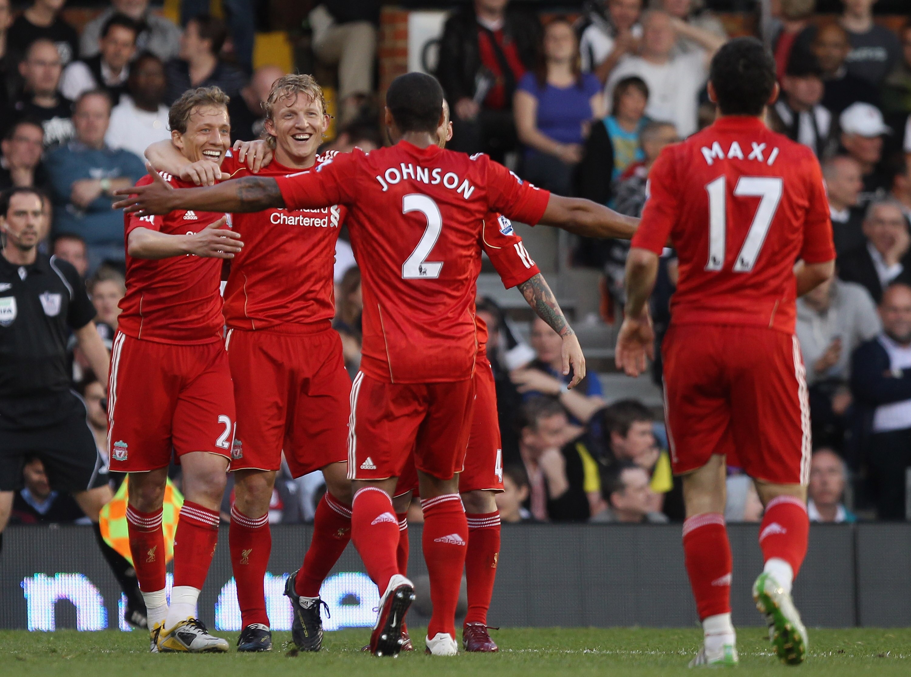 LONDON, ENGLAND - MAY 09:  Dirk Kuyt of Liverpool celebrates scoring their third goal during the Barclays Premier League match between Fulham and Liverpool at Craven Cottage on May 9, 2011 in London, England.  (Photo by Scott Heavey/Getty Images)