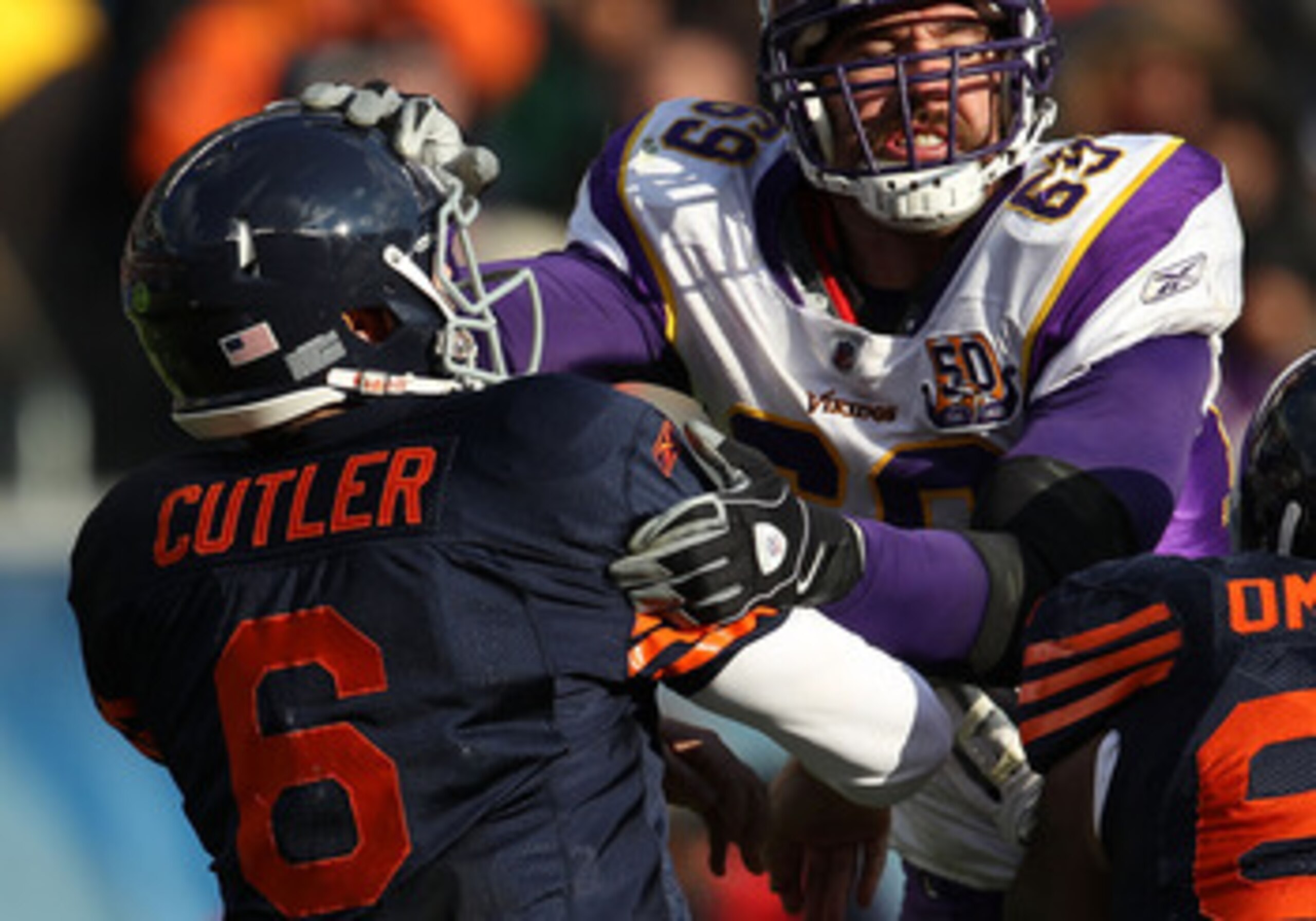 CHICAGO - NOVEMBER 14: Jay Cutler #6 of the Chicago Bears is hit after throwing by Jared Allen #69 of the Minnesota Vikings at Soldier Field on November 14, 2010 in Chicago, Illinois. The Bears defeated the Vikings 27-13. (Photo by Jonathan Daniel/Getty I