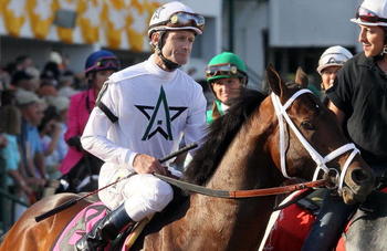 BALTIMORE - MAY 15:  Calvin Borel, upon Super Saver, looks on prior to the start of the 135th running of the Preakness Stakes at Pimlico Race Course on May 15, 2010 in Baltimore, Maryland.  (Photo by Jim McIsaac/Getty Images)