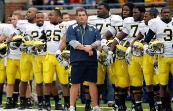ANN ARBOR, MI - APRIL 16:  Head football coach Brady Hoke stands with his team prior to the start of the annual Spring Game at Michigan Stadium on April 16, 2011 in Ann Arbor, Michigan.  (Photo by Leon Halip/Getty Images)