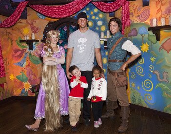 ANAHEIM, CA - APRIL 21:  In this handout photo provided by Disney Parks, New England Patriots Quarterback Tom Brady, his son Jack (4) and niece Jordan (5), meet Rapunzel and Flynn Rider of Disney's animated film, 'Tangled,' while celebrating Jordan's fift
