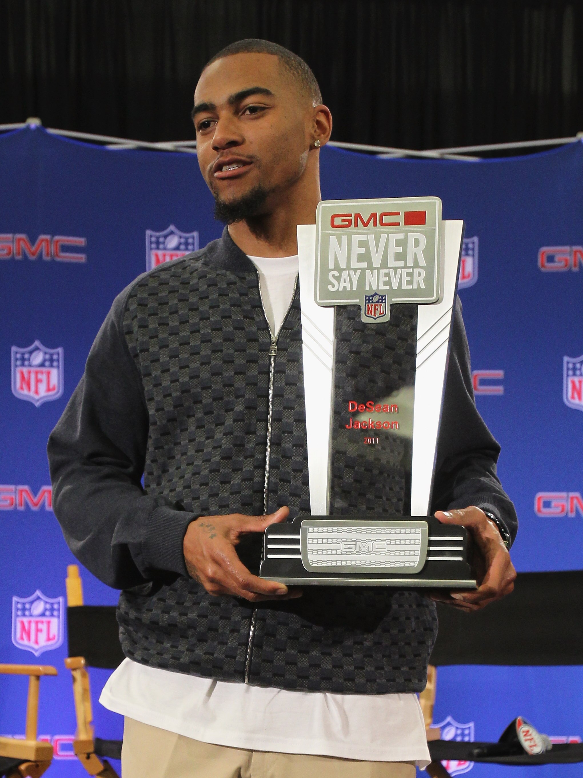 DALLAS, TX - FEBRUARY 02:  DeSean Jackson of the Philadelphia Eagles, poses at the Super Bowl XLV media center after accepting the '2010 GMC Never Say Never Moment of the Year' award on February 2, 2011 in Dallas, Texas.  (Photo by Ronald Martinez/Getty I