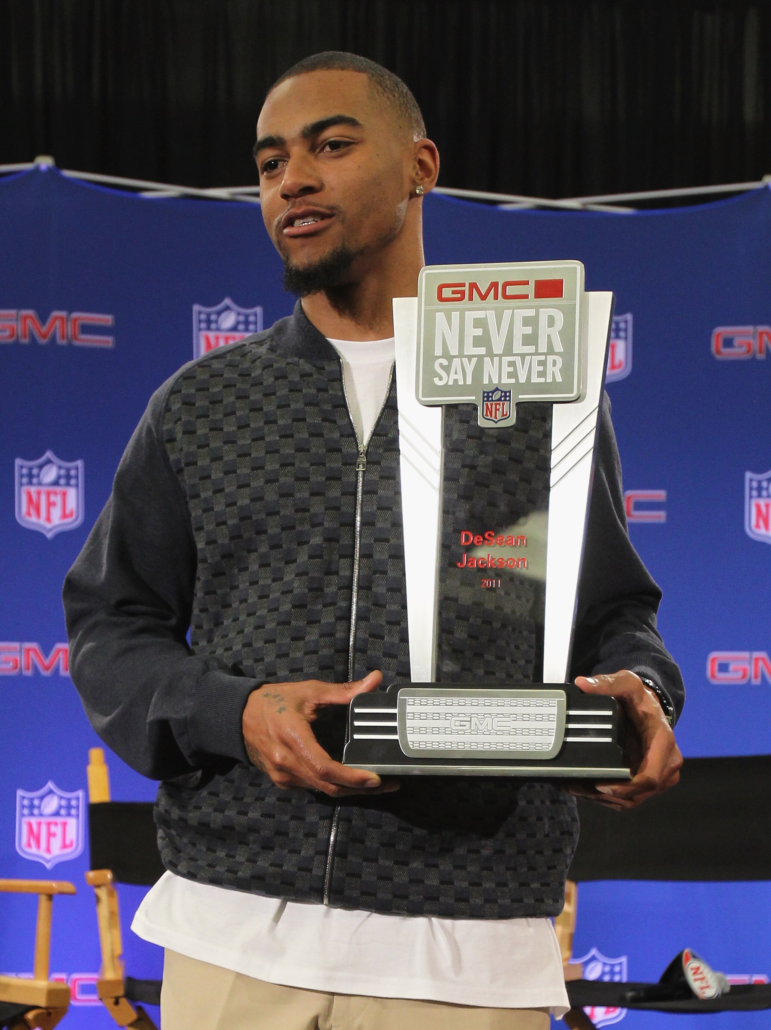 DALLAS, TX - FEBRUARY 02: DeSean Jackson of the Philadelphia Eagles, poses at the Super Bowl XLV media center after accepting the '2010 GMC Never Say Never Moment of the Year' award on February 2, 2011 in Dallas, Texas. (Photo by Ronald Martinez/Getty I DALLAS, TX - FEBRUARY 02: DeSean Jackson of the Philadelphia Eagles, poses at the Super Bowl XLV media center after accepting the '2010 GMC Never Say Never Moment of the Year' award on February 2, 2011 in Dallas, Texas. (Photo by Ronald Martinez/Getty I