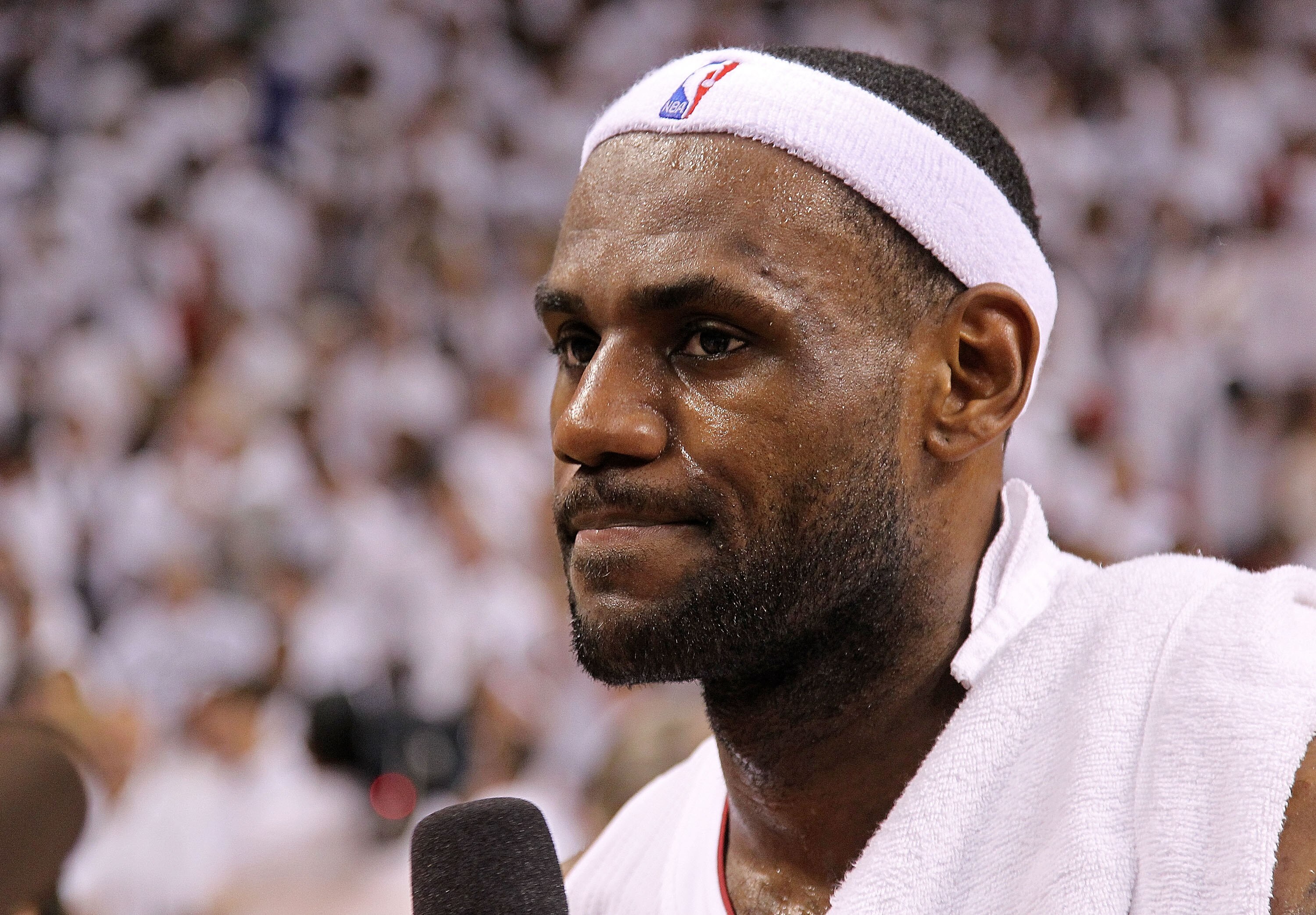 MIAMI, FL - MAY 11:  LeBron James #6 of the Miami Heat looks on after winning Game Five of the Eastern Conference Semifinals of the 2011 NBA Playoffs against the Boston Celtics at American Airlines Arena on May 11, 2011 in Miami, Florida. NOTE TO USER: Us