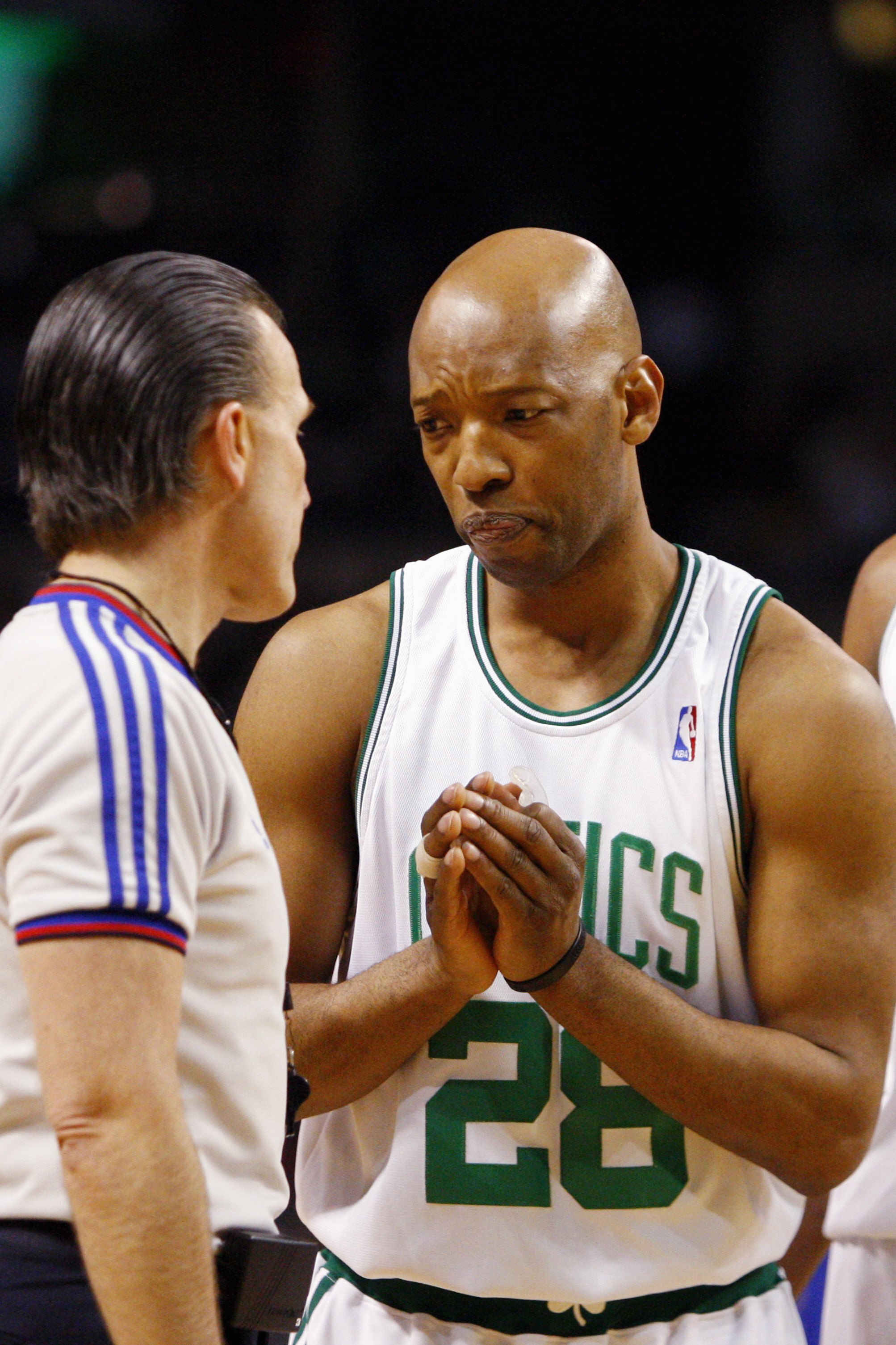 BOSTON - MAY 28:  Sam Cassell #28 of the Boston Celtics talks with referee Ken Mauer in Game Five of the Eastern Conference finals against the Detroit Pistons during the 2008 NBA Playoffs at TD Banknorth Garden on May 28, 2008 in Boston, Massachusetts.  T