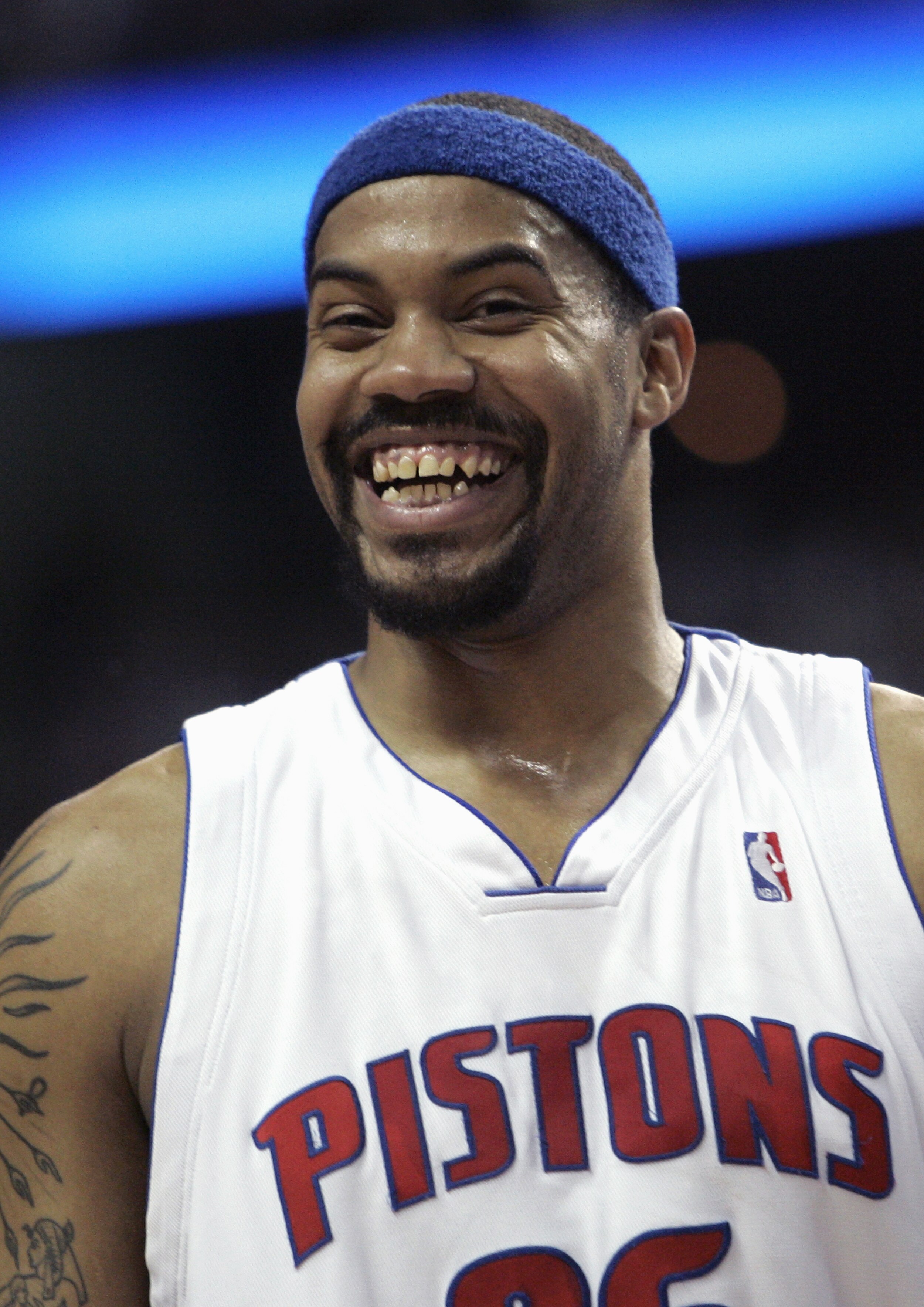 UBURN HILLS, MI - April 26: Rasheed Wallace #36 of the Detroit Pistons smiles in game two of the Eastern Conference Quarterfinals against the Milwaukee Bucks during the 2006 NBA Playoffs on April 26, 2006 at The Palace of Auburn Hills in Auburn Hills, Mic