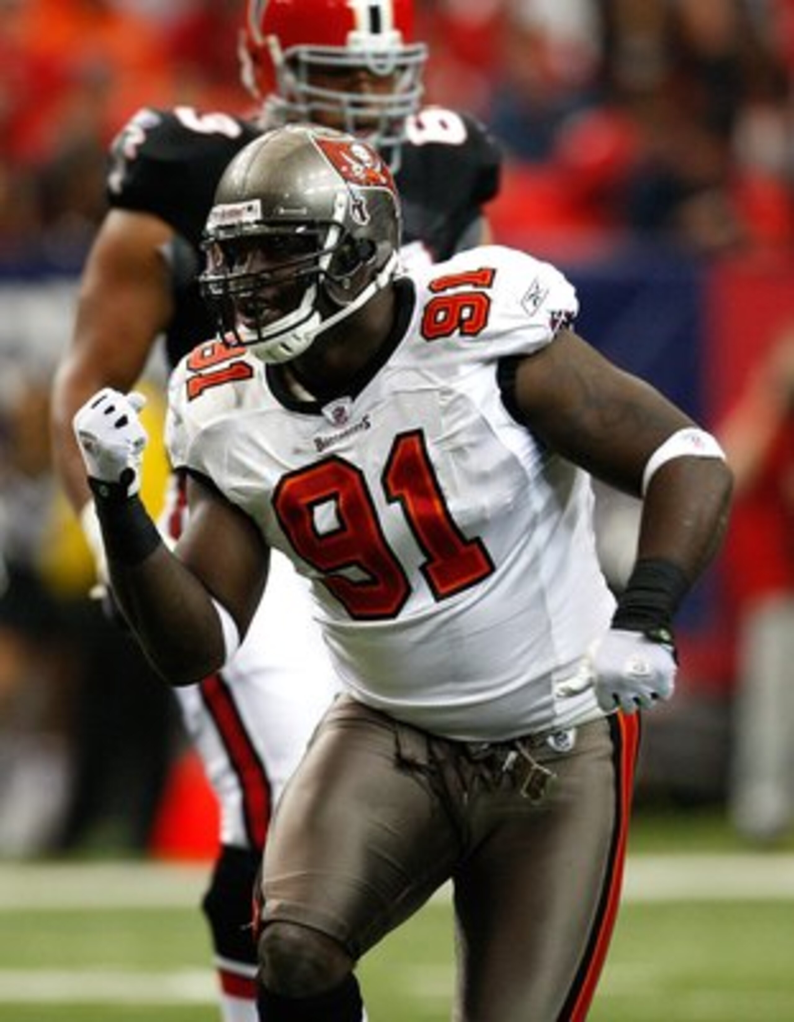 ATLANTA - NOVEMBER 29:  Stylez White #91 of the Tampa Bay Buccaneers against the Atlanta Falcons at Georgia Dome on November 29, 2009 in Atlanta, Georgia.  (Photo by Kevin C. Cox/Getty Images)