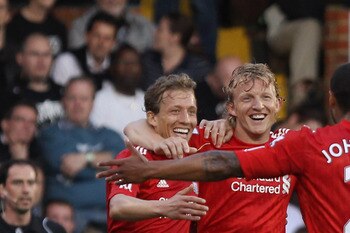 LONDON, ENGLAND - MAY 09:  Dirk Kuyt of Liverpool celebrates scoring their third goal during the Barclays Premier League match between Fulham and Liverpool at Craven Cottage on May 9, 2011 in London, England.  (Photo by Scott Heavey/Getty Images)