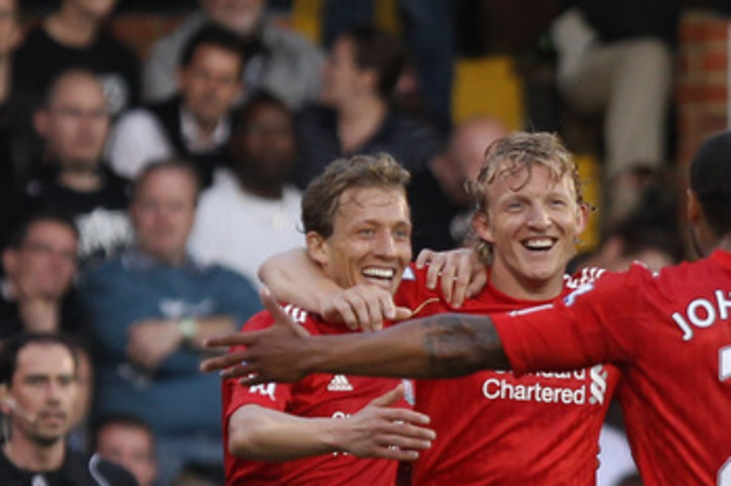 LONDON, ENGLAND - MAY 09:  Dirk Kuyt of Liverpool celebrates scoring their third goal during the Barclays Premier League match between Fulham and Liverpool at Craven Cottage on May 9, 2011 in London, England.  (Photo by Scott Heavey/Getty Images)