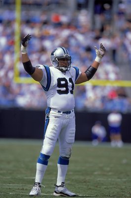 17 Sep 2000:  Chuck Smith #91 of the Carolina Panthers reacts during the game against the Atlanta Falcons at Ercsson Stadium in Charlotte, North Carolina.  The Packers defeated the Eagles 6-3.Mandatory Credit: Craig Jones  /Allsport