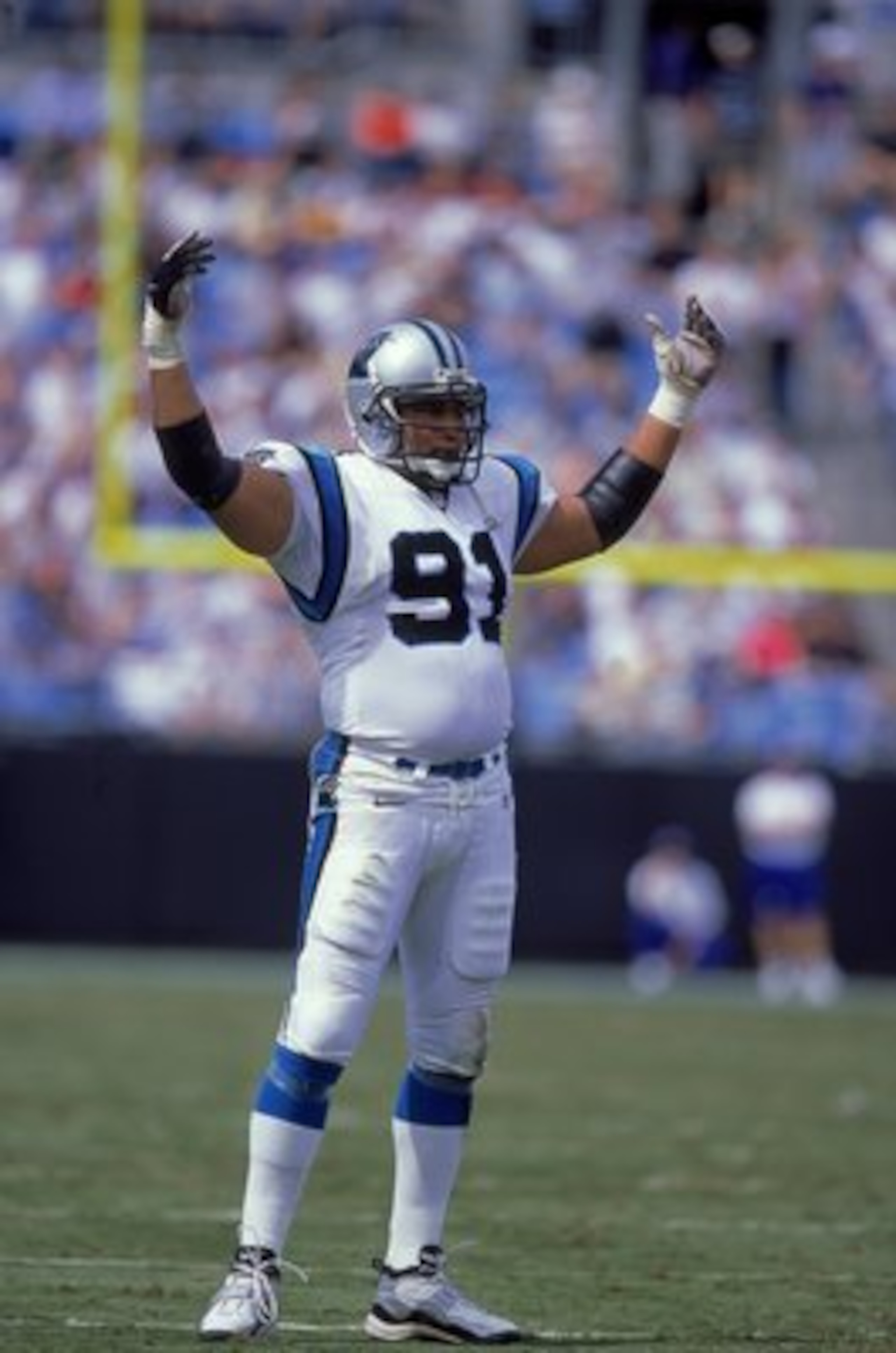 17 Sep 2000:  Chuck Smith #91 of the Carolina Panthers reacts during the game against the Atlanta Falcons at Ercsson Stadium in Charlotte, North Carolina.  The Packers defeated the Eagles 6-3.Mandatory Credit: Craig Jones  /Allsport