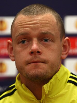 LIVERPOOL, ENGLAND - MARCH 16: Jay Spearing of Liverpool listens to a question during a press conference ahead of their UEFA Europa League Round of 16 second leg match against Braga at Melwood Training Ground on March 16, 2010 in Liverpool, England.  (Pho