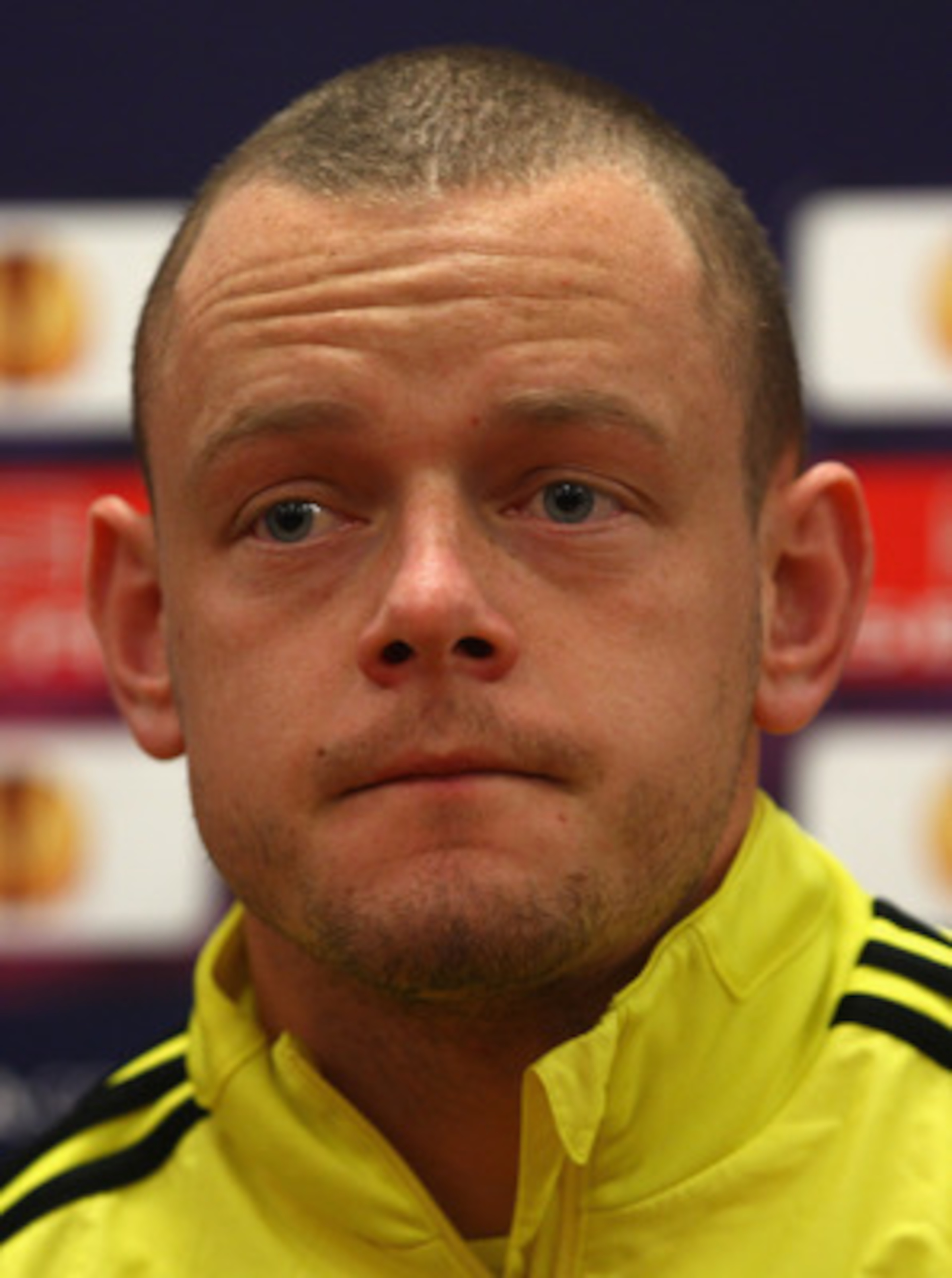 LIVERPOOL, ENGLAND - MARCH 16: Jay Spearing of Liverpool listens to a question during a press conference ahead of their UEFA Europa League Round of 16 second leg match against Braga at Melwood Training Ground on March 16, 2010 in Liverpool, England.  (Pho