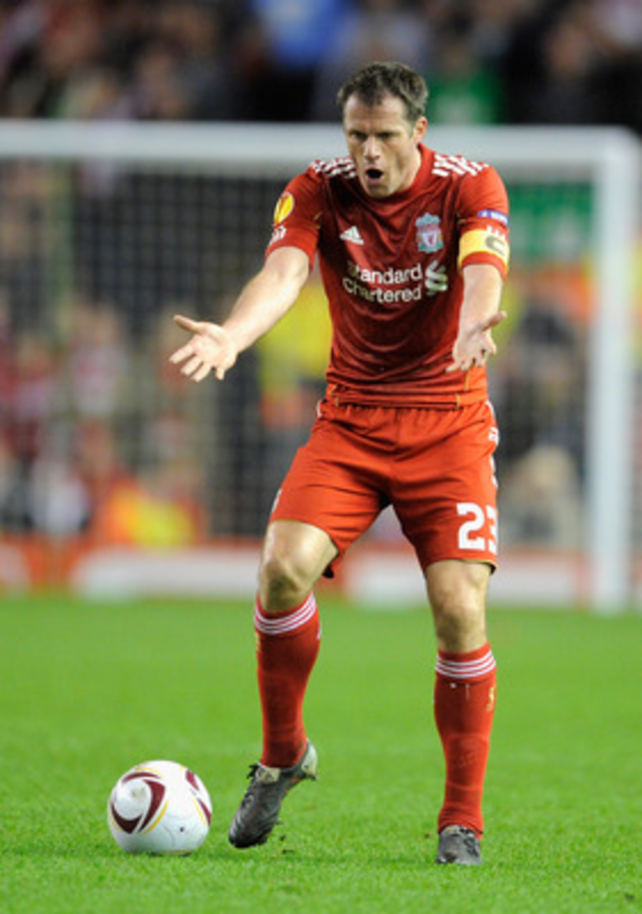 LIVERPOOL, ENGLAND - MARCH 17:  Jamie Carragher of Liverpool reacts during the UEFA Europa League Round of 16 second leg match between Liverpool and SC Braga at Anfield on March 17, 2011 in Liverpool, England.  (Photo by Michael Regan/Getty Images)