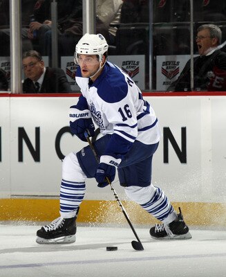 NEWARK, NJ - APRIL 06: Clarke MacArthur #16 of the Toronto Maple Leafs skates against the New Jersey Devils at the Prudential Center on April 6, 2011 in Newark, New Jersey.  (Photo by Bruce Bennett/Getty Images)