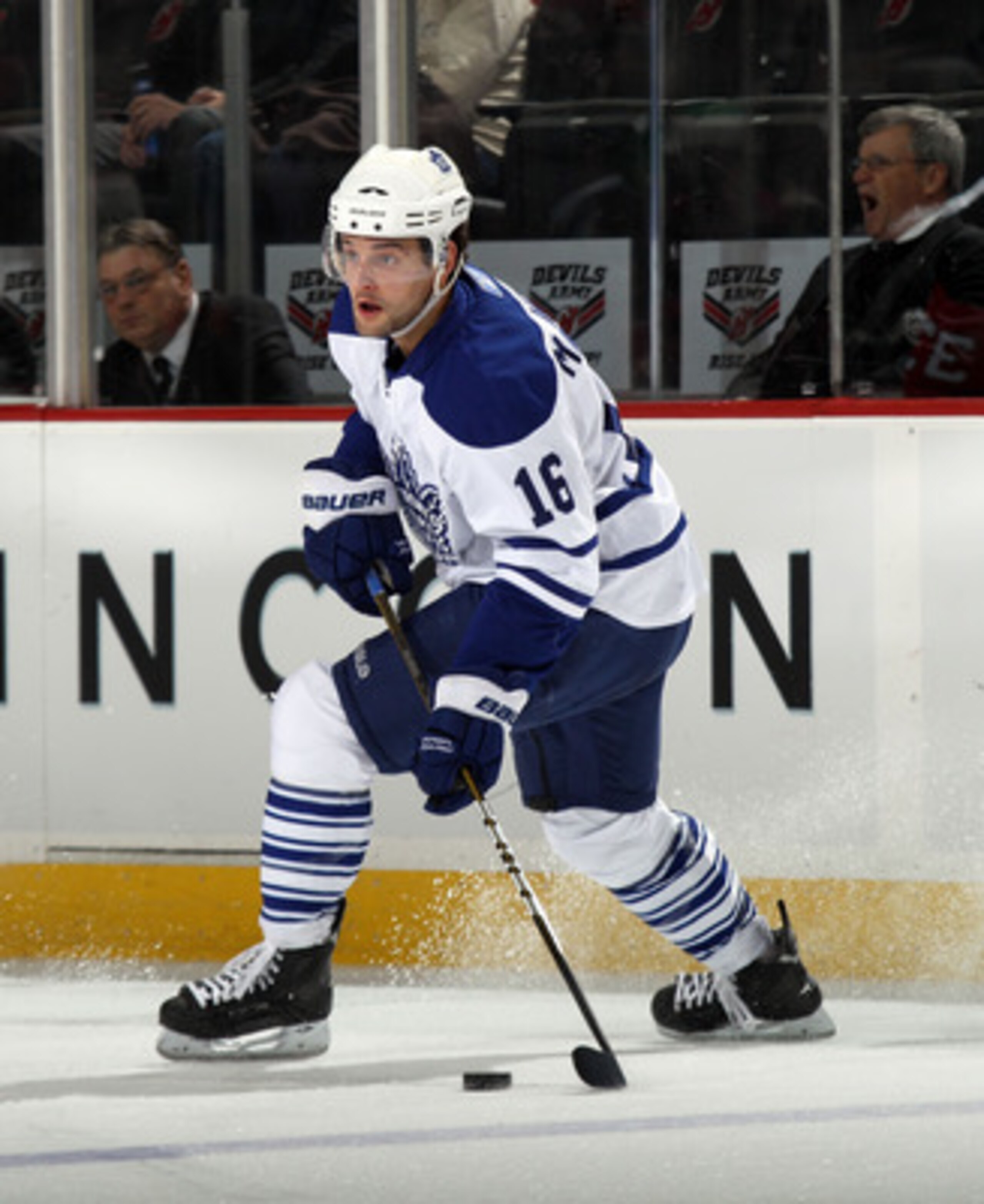NEWARK, NJ - APRIL 06: Clarke MacArthur #16 of the Toronto Maple Leafs skates against the New Jersey Devils at the Prudential Center on April 6, 2011 in Newark, New Jersey.  (Photo by Bruce Bennett/Getty Images)