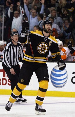 BOSTON, MA - MAY 04: Zdeno Chara #33 of the Boston Bruins celebrates teammate David Krejci's goal in the first period against the Philadelphia Flyers  in Game Three of the Eastern Conference Semifinals during the 2011 NHL Stanley Cup Playoffs at TD Garden