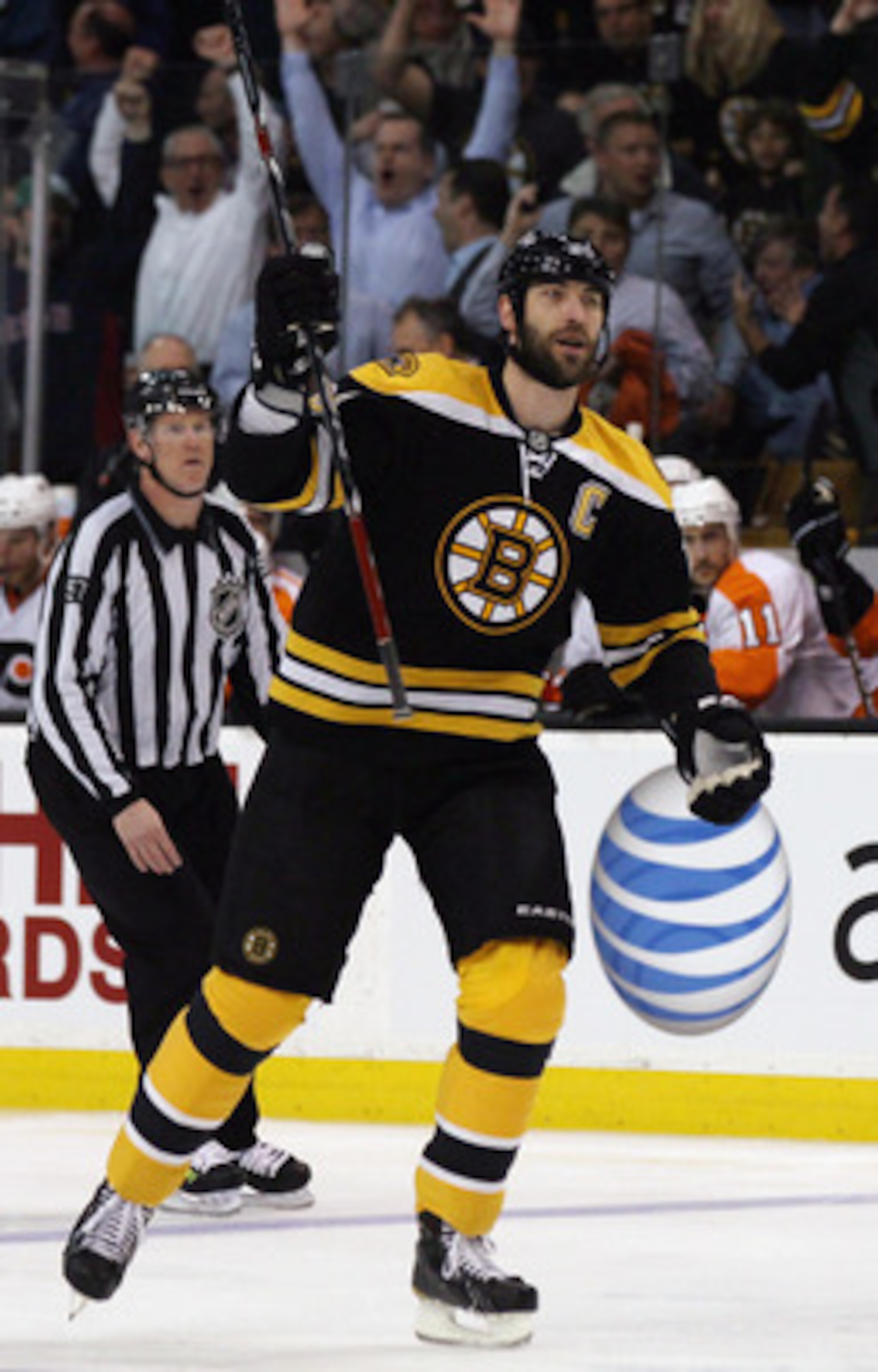 BOSTON, MA - MAY 04: Zdeno Chara #33 of the Boston Bruins celebrates teammate David Krejci's goal in the first period against the Philadelphia Flyers  in Game Three of the Eastern Conference Semifinals during the 2011 NHL Stanley Cup Playoffs at TD Garden