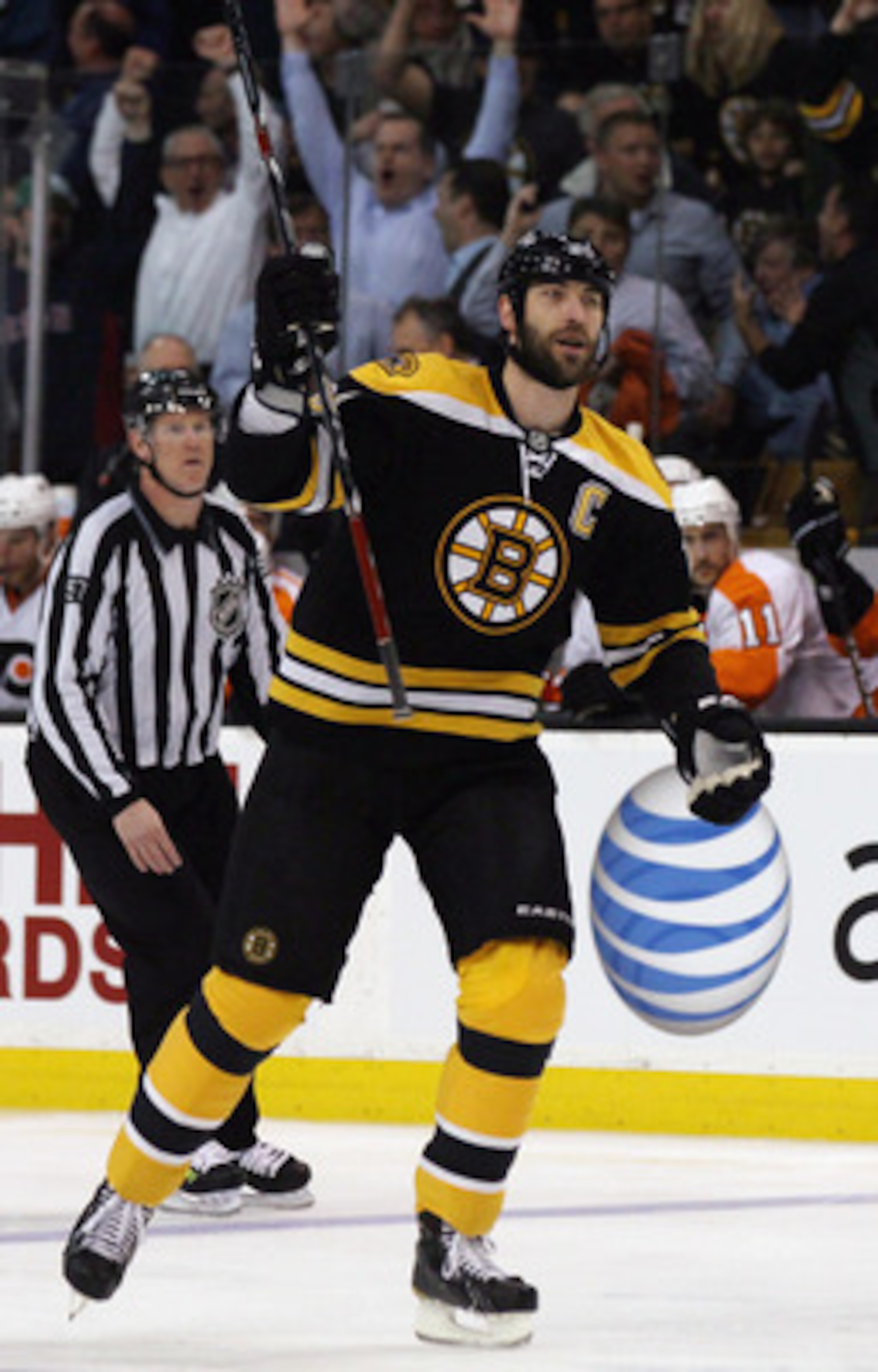 BOSTON, MA - MAY 04: Zdeno Chara #33 of the Boston Bruins celebrates teammate David Krejci's goal in the first period against the Philadelphia Flyers  in Game Three of the Eastern Conference Semifinals during the 2011 NHL Stanley Cup Playoffs at TD Garden