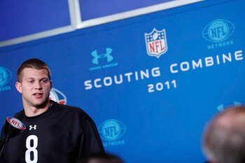 INDIANAPOLIS, IN - FEBRUARY 25: Washington Huskies quarterback Jake Locker answers questions during a media session at the 2011 NFL Scouting Combine at Lucas Oil Stadium on February 25, 2011 in Indianapolis, Indiana. (Photo by Joe Robbins/Getty Images)