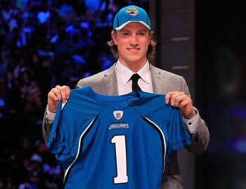 NEW YORK, NY - APRIL 28:  Blaine Gabbert, #11 overall pick by the Jacksonville Jaguars, holds up a jersey during the 2011 NFL Draft at Radio City Music Hall on April 28, 2011 in New York City.  (Photo by Chris Trotman/Getty Images)
