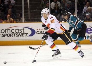 SAN JOSE, CA - MARCH 23:  Jarome Iginla #12 of the Calgary Flames in action against the San Jose Sharks at the HP Pavilion on March 23, 2011 in San Jose, California.  (Photo by Ezra Shaw/Getty Images)