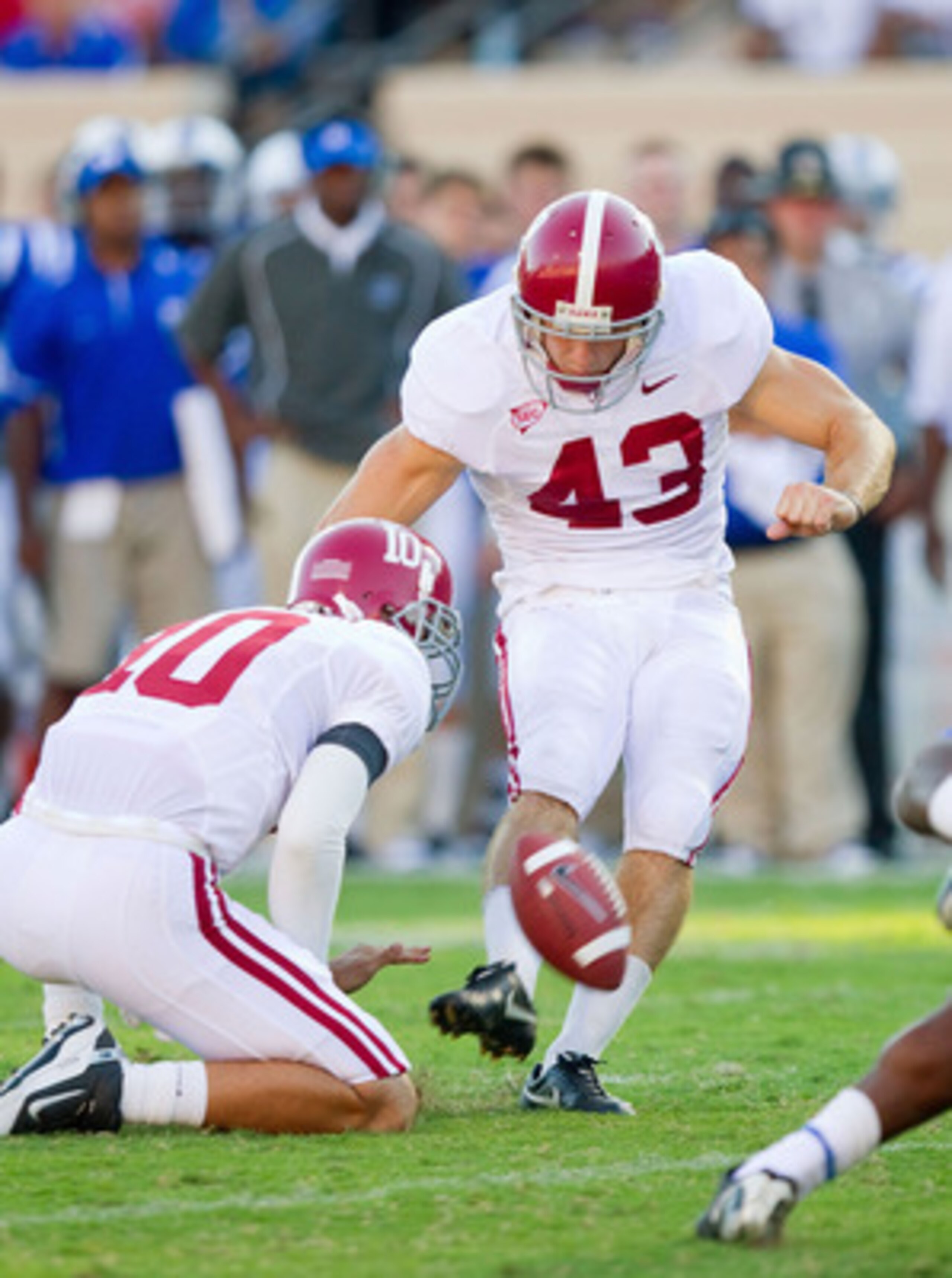 DURHAM, NC - SEPTEMBER 18: Cade Foster #43 of the Alabama Crimson Tide connects for a 21-yard field goal during third quarter action against the Duke Blue Devils at Wallace Wade Stadium on September 18, 2010 in Durham, North Carolina.  The Crimson Tide de