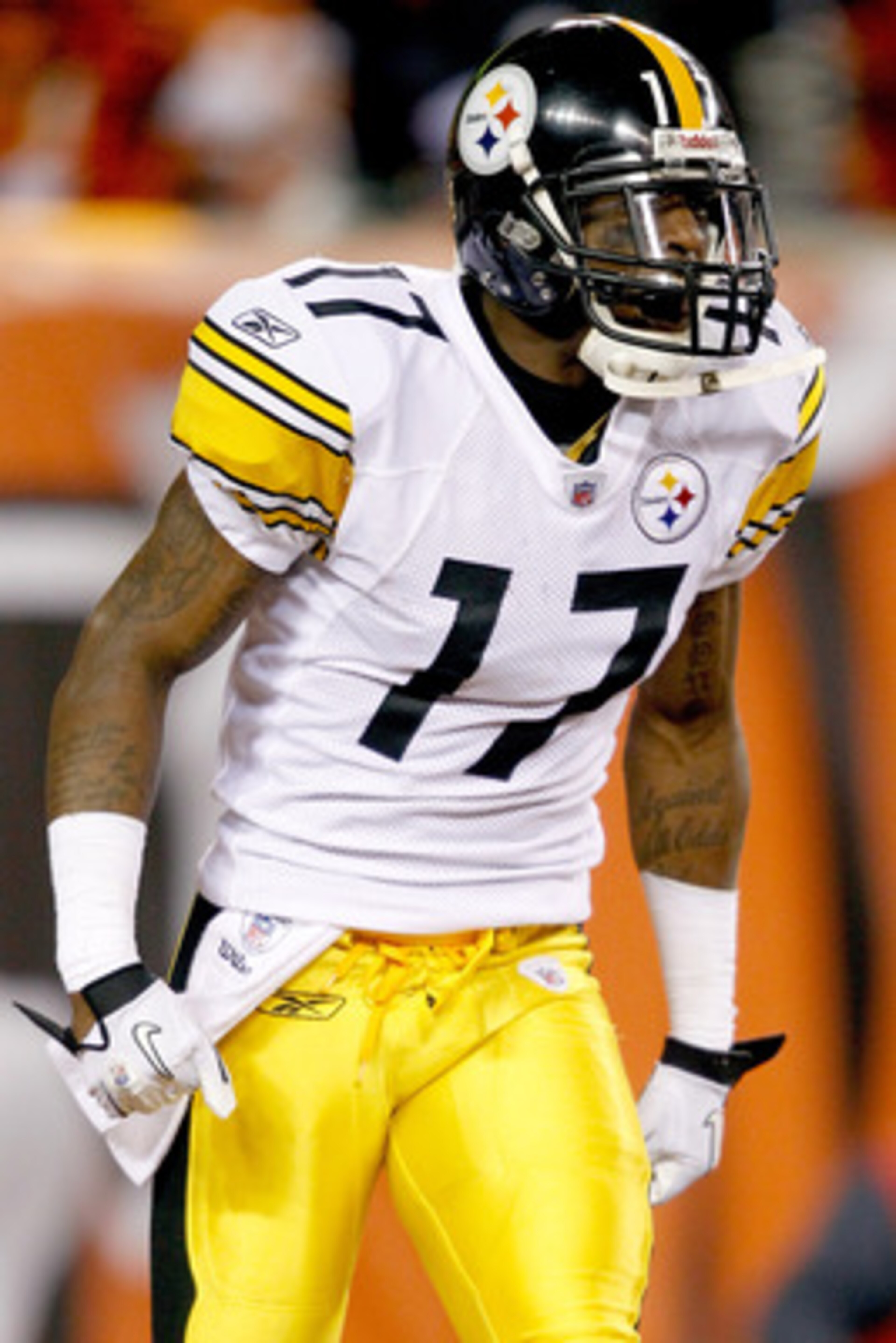 CINCINNATI - NOVEMBER 08:  Mike Wallace #17 of the Pittsburgh Steelers  celebrates after scoring a touchdown against the Cincinnati Bengals at Paul Brown Stadium on November 8, 2010 in Cincinnati, Ohio.  (Photo by Matthew Stockman/Getty Images)