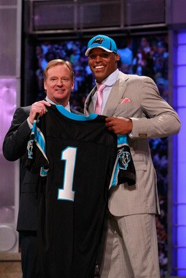 NEW YORK, NY - APRIL 28:  NFL Commissioner Roger Goodell poses for a photo with Carolina Panthers #1 overall pick Cam Newton from the UNiversity of Auburn during the 2011 NFL Draft at Radio City Music Hall on April 28, 2011 in New York City.  (Photo by Ch