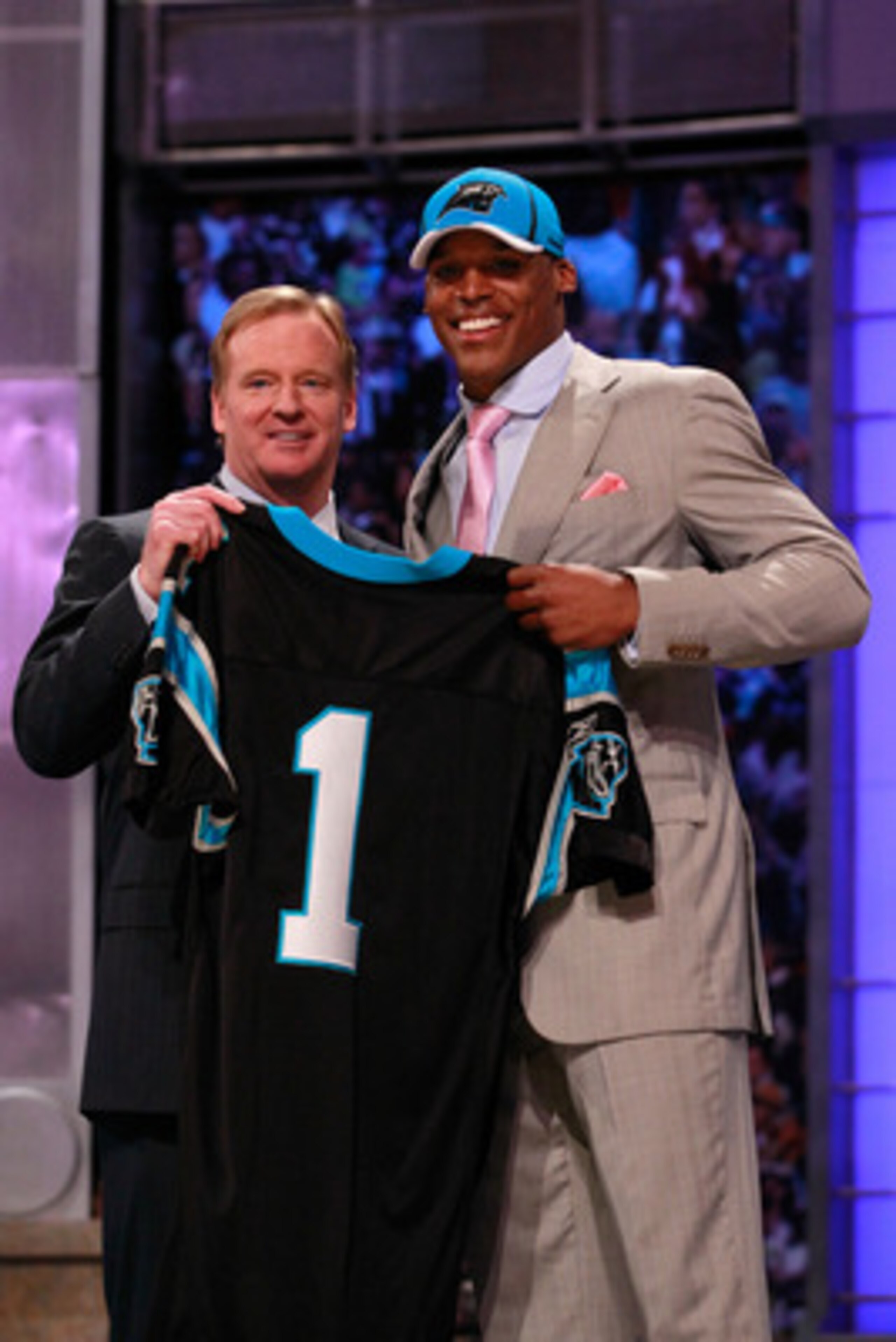 NEW YORK, NY - APRIL 28:  NFL Commissioner Roger Goodell poses for a photo with Carolina Panthers #1 overall pick Cam Newton from the UNiversity of Auburn during the 2011 NFL Draft at Radio City Music Hall on April 28, 2011 in New York City.  (Photo by Ch