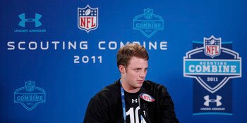 INDIANAPOLIS, IN - FEBRUARY 25: Alabama Crimson Tide quarterback Greg McElroy answers questions during a media session at the 2011 NFL Scouting Combine at Lucas Oil Stadium on February 25, 2011 in Indianapolis, Indiana. (Photo by Joe Robbins/Getty Images)