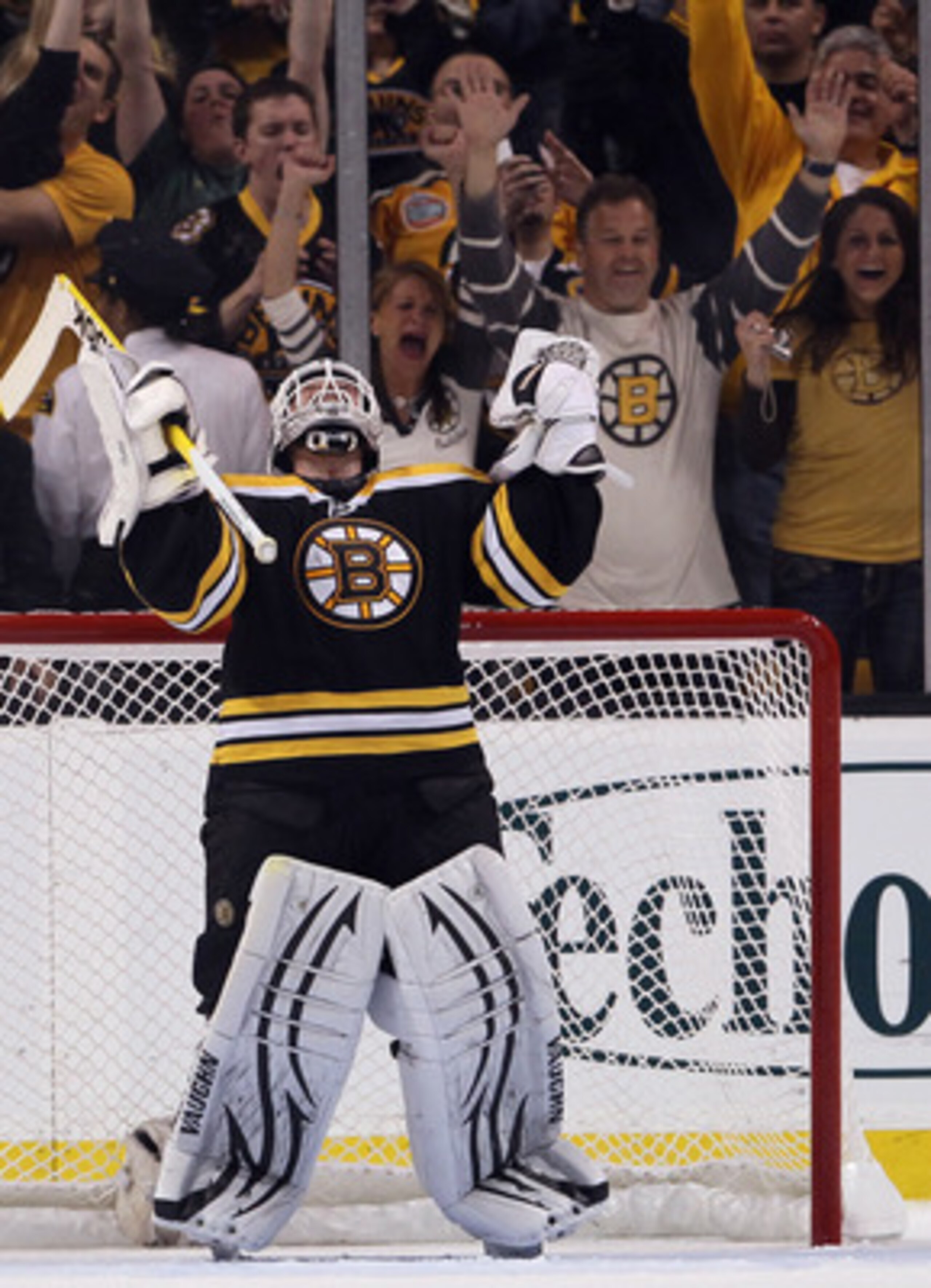 BOSTON, MA - MAY 06:  Tim Thomas #30 of the Boston Bruins celebrates the win over the Philadelphia Flyers in Game Four of the Eastern Conference Semifinals during the 2011 NHL Stanley Cup Playoffs at TD Garden on May 6, 2011 in Boston, Massachusetts. The 