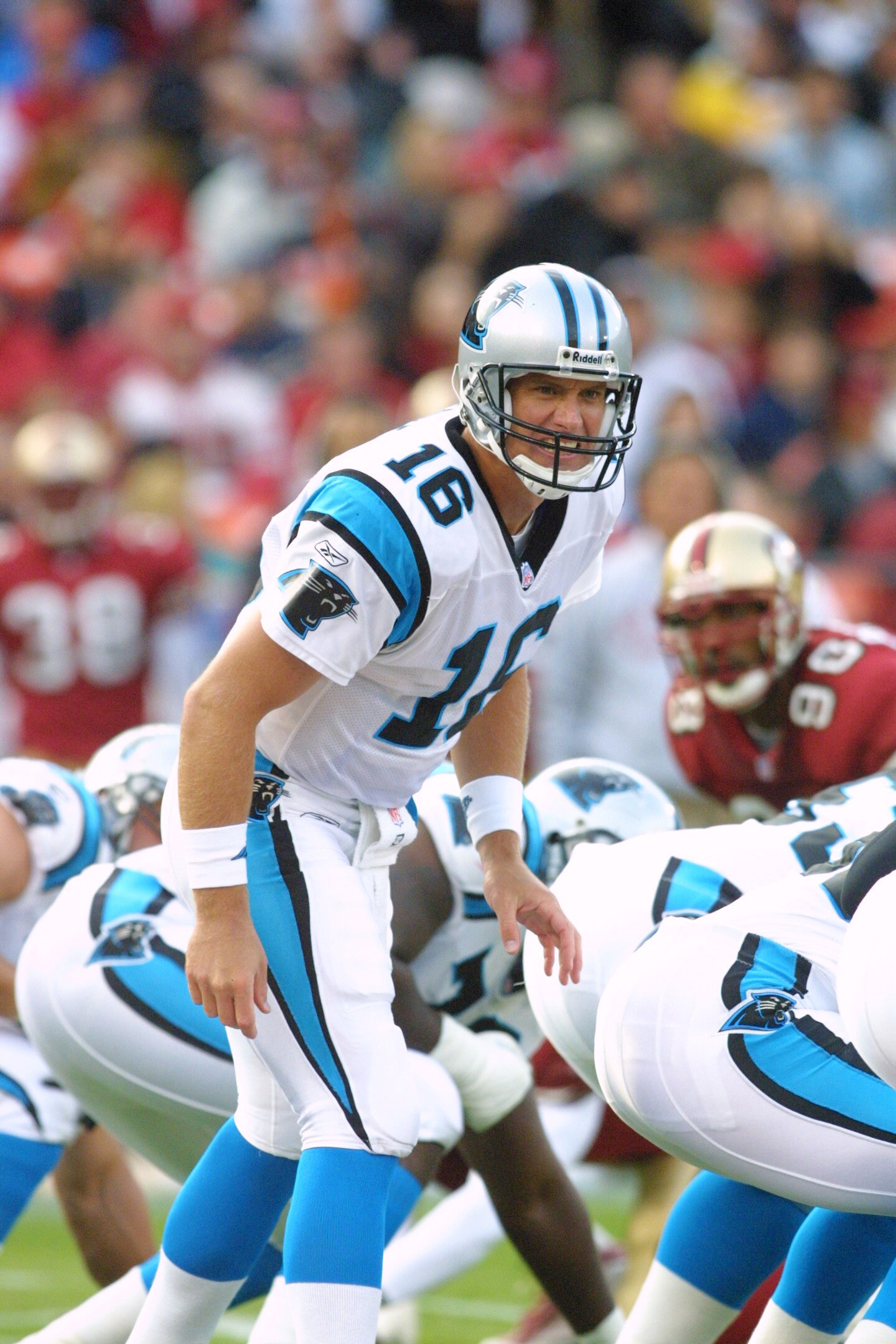7 Oct 2001: Chris Weinke of the Carolina Panthers signals to his team against  the San Francisco 49ers at 3Com Park in San Francisco, California. The 49ers won 24-14. DIGITAL IMAGE Mandatory Credit: Jeff Gross/ALLSPORT