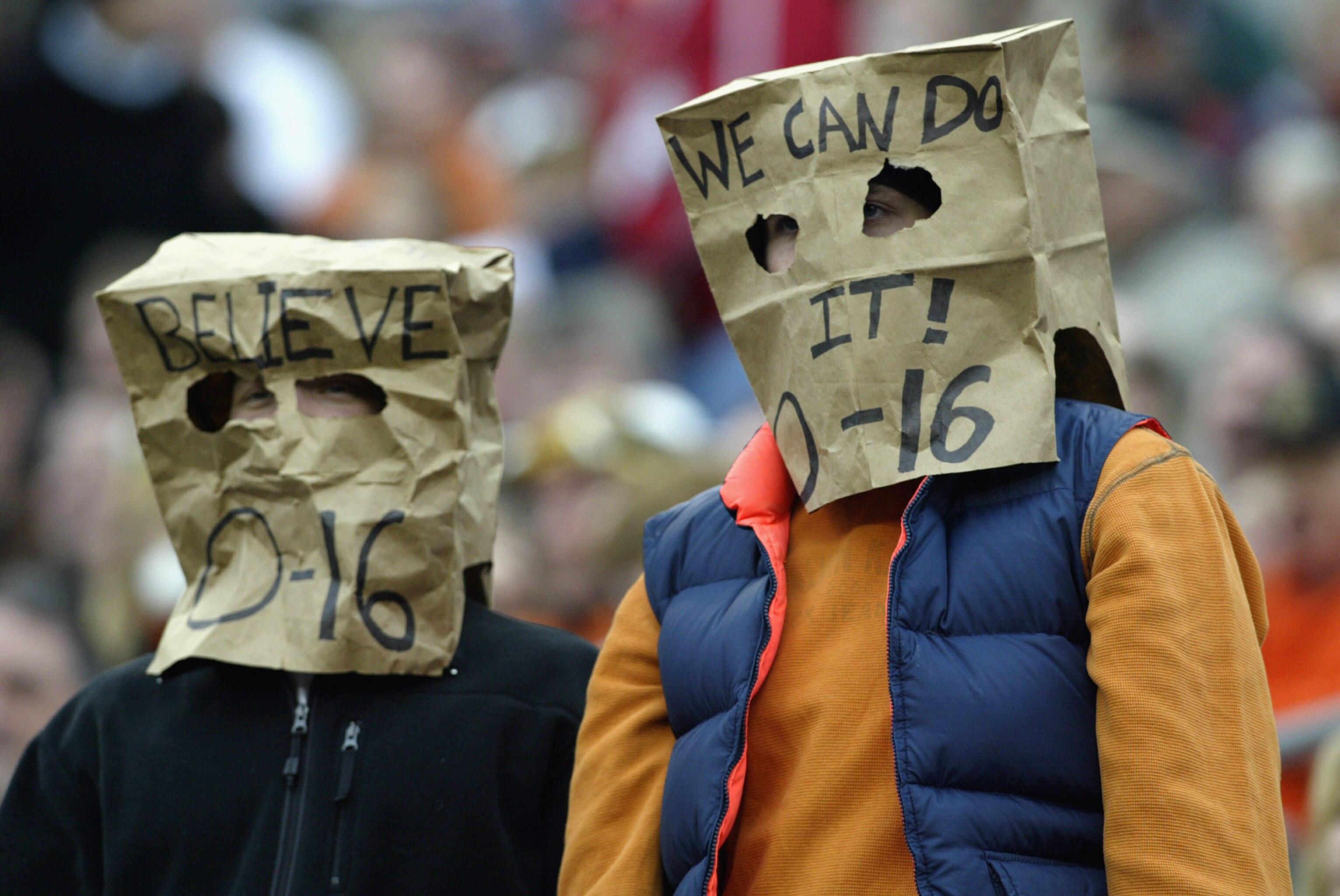 CINCINNATI, OHIO - OCTOBER 27:  Fans show their support for the winless Cincinnati Bengals during their 30-24 loss to the Tennessee Titans at Paul Brown Stadium on October 27, 2002 in Cincinnati, Ohio.  (Photo by Andy Lyons/Getty Images)
