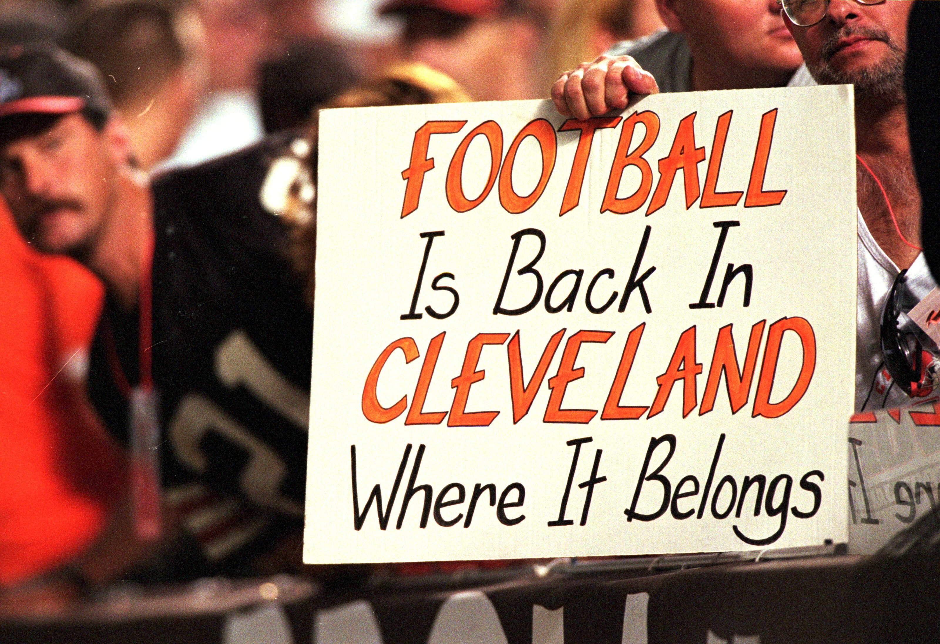 12 Sep 1999:  Fans of the Cleveland Browns hold up a sighn during the game against the Pittsburgh Steelers at the Cleveland Stadium in Cleveland, Ohio. The Steelers defeated the Browns 43-0. Mandatory Credit: Tom Pidgeon  /Allsport