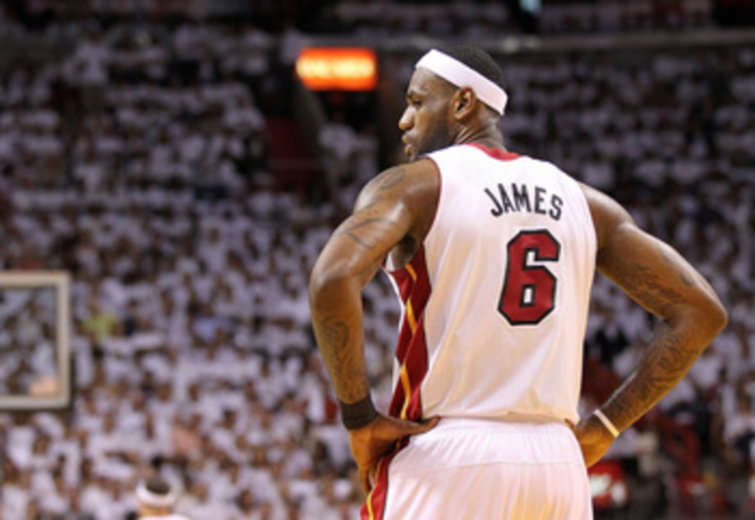 MIAMI, FL - MARCH 16:  LeBron James #6 of the Miami Heat drives by Russell Westbrook #0 of the Oklahoma City Thunder during a game at American Airlines Arena on March 16, 2011 in Miami, Florida. NOTE TO USER: User expressly acknowledges and agrees that, b