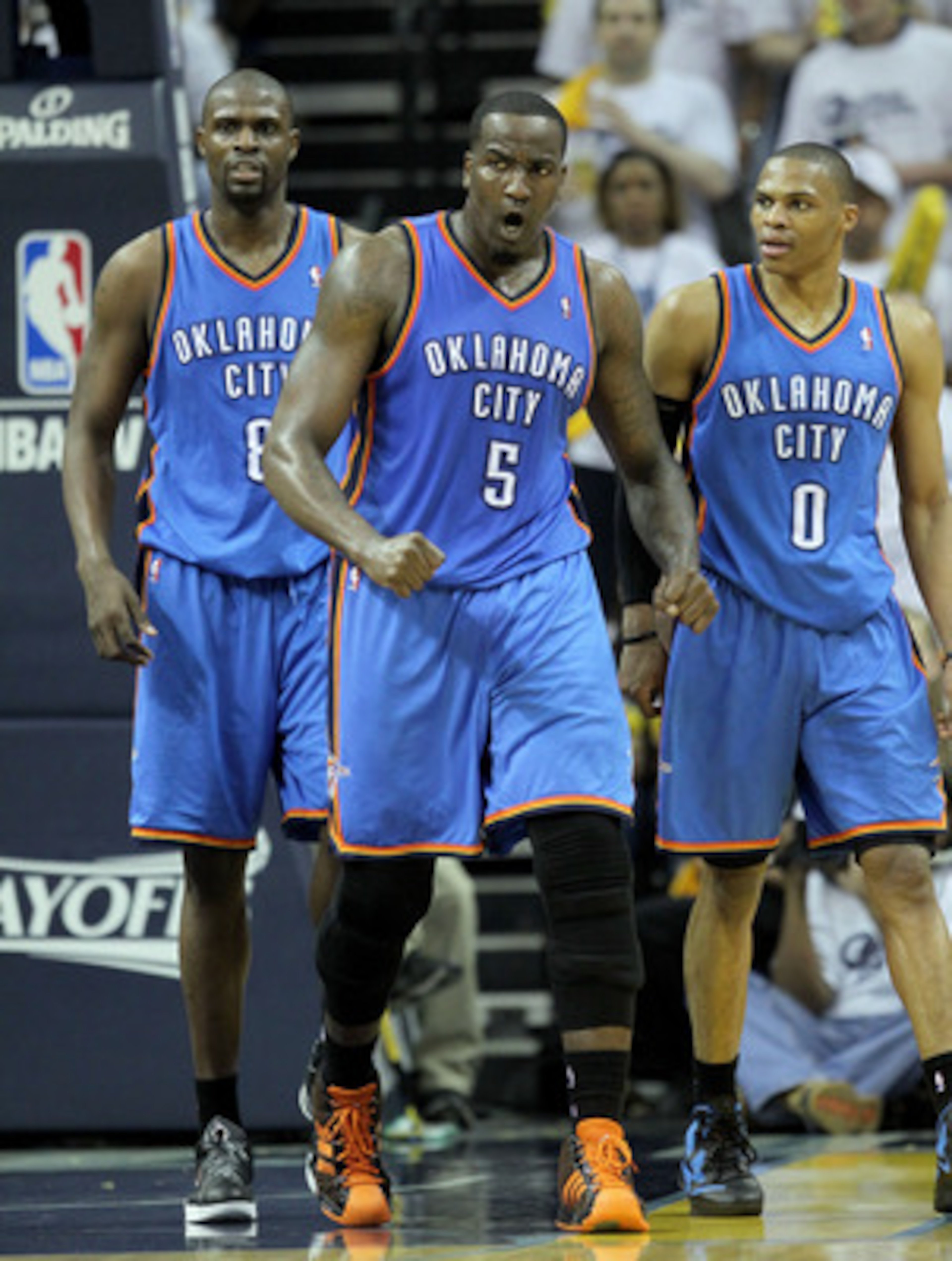 MEMPHIS, TN - MAY 09:  Kendrick Perkins #5 of the Oklahoma City Thunder celebrates during the game against the Memphis Grizzlies in Game Four of the Western Conference Semifinals in the 2011 NBA Playoffs at FedExForum on May 9, 2011 in Memphis, Tennessee.