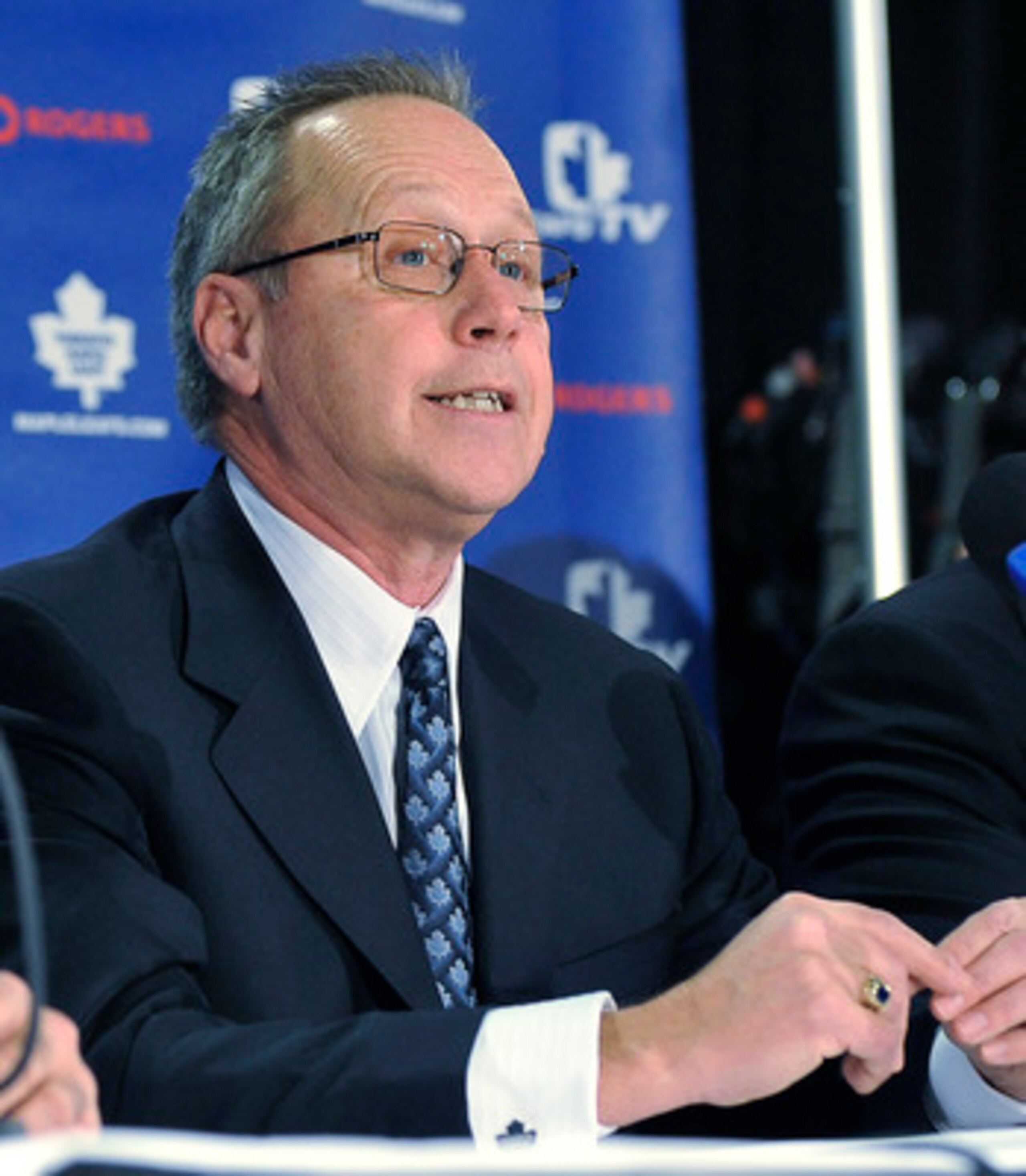 TORONTO - NOVEMBER 29:   MLSE President and CEO Richard Peddie and Brian Burke attend a press conference announcing Burke as the teams new General Manager November 29, 2008 at the Air Canada Centre in Toronto, Ontario, Canada. (Photo by Brad White/Getty I