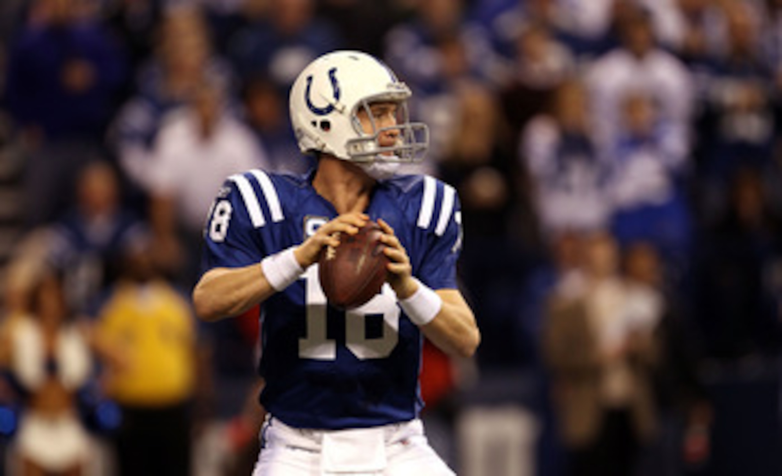 INDIANAPOLIS, IN - JANUARY 08:  Quarterback Peyton Manning #18 of the Indianapolis Colts looks to pass against the New York Jets during their 2011 AFC wild card playoff game at Lucas Oil Stadium on January 8, 2011 in Indianapolis, Indiana. The Jets won 17
