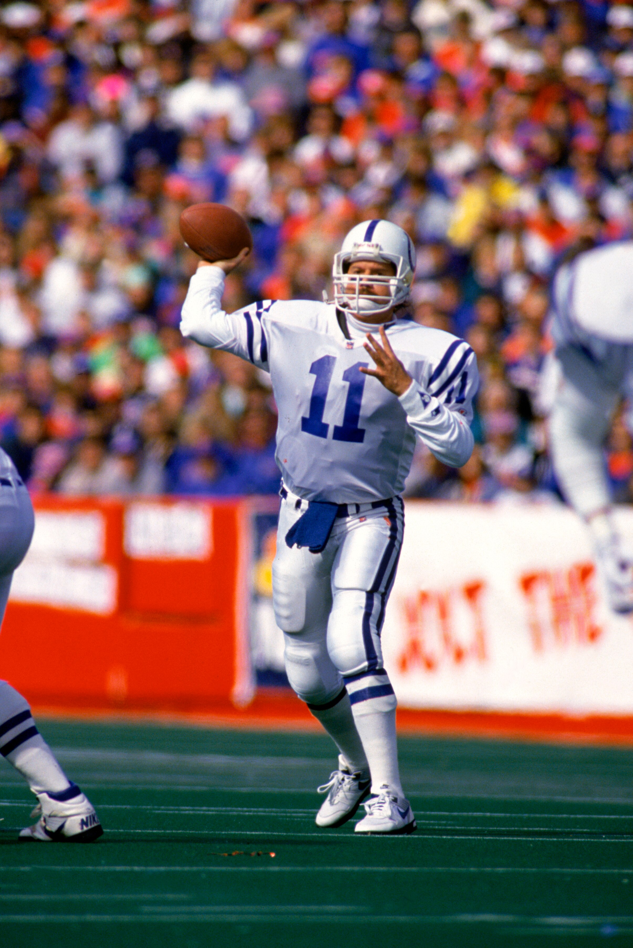 BUFFALO, NY - OCTOBER 13:  Quarterback Jeff George #11 of the Indianapolis Colts passes during a NFL game against the Buffalo Bills at Rich Stadium on October 13, 1991 in Buffalo, New York.  The Bills defeated the Colts 42-6.  (Photo by Rick Stewart/Getty