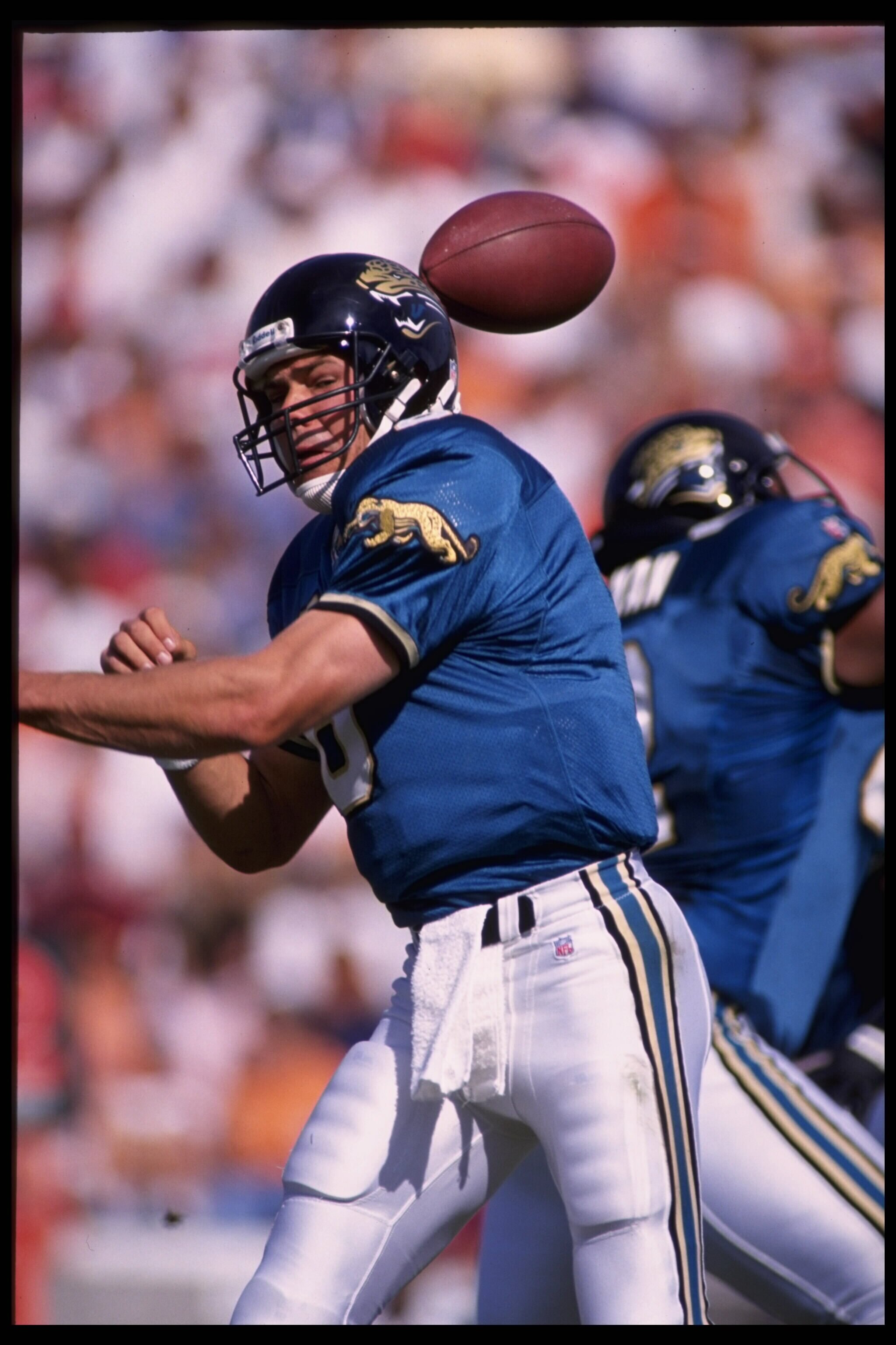 19 Nov 1995:  Quarterback Mark Brunell of the Jacksonville Jaguars loses control of the football during the Jaguars 17-16 loss to the Tampa Bay Buccaneers at Tampa Stadium in Tampa, Florida.  Mandatory Credit:  Scott Halleran/Allsport