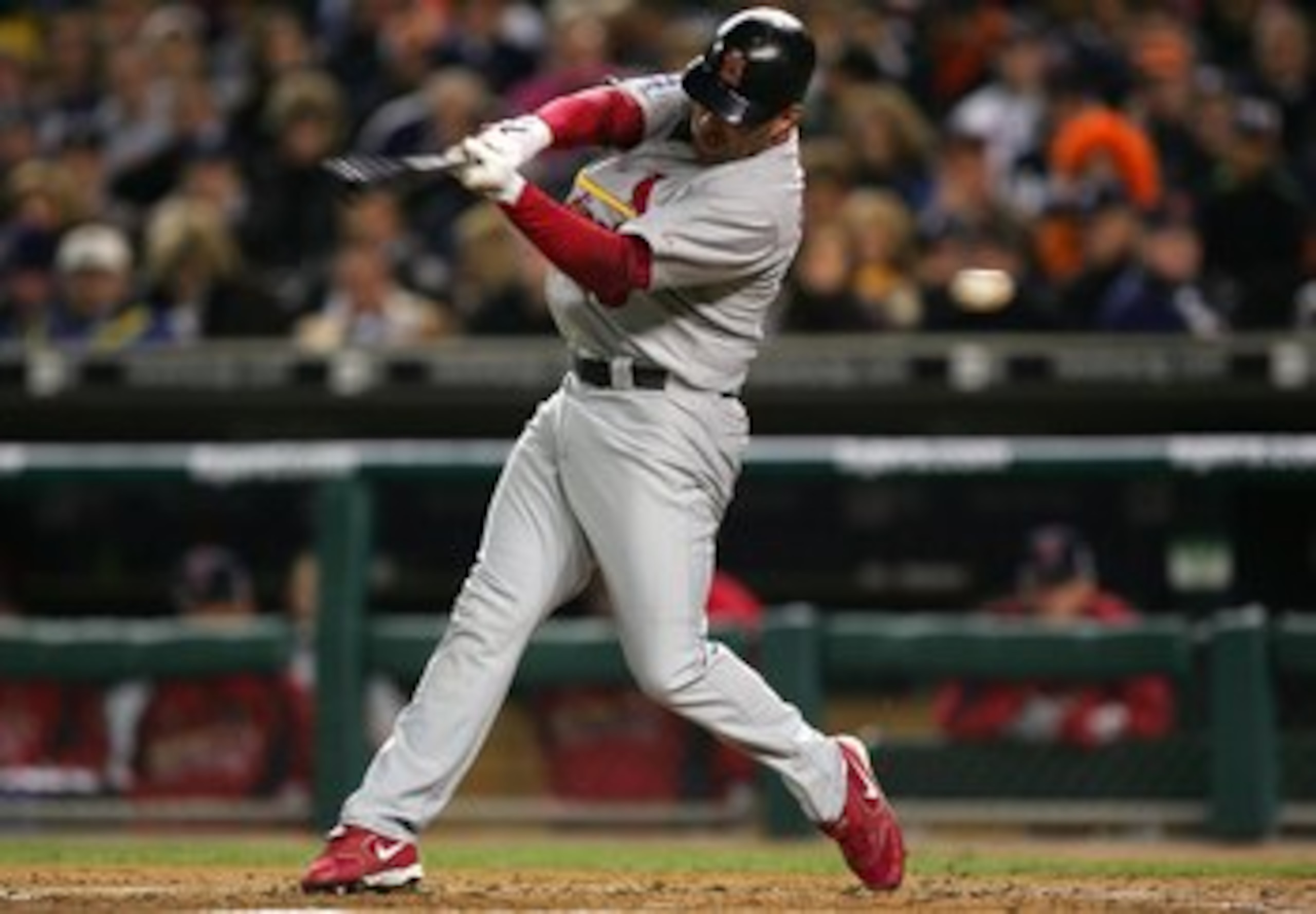 DETROIT - OCTOBER 21:  Jim Edmonds #15 of the St. Louis Cardinals strikes out swinging to leadoff the top of the second inning against the Detroit Tigers during Game One of 2006 World Series October 21, 2006 at Comerica Park in Detroit Michigan.  (Photo b