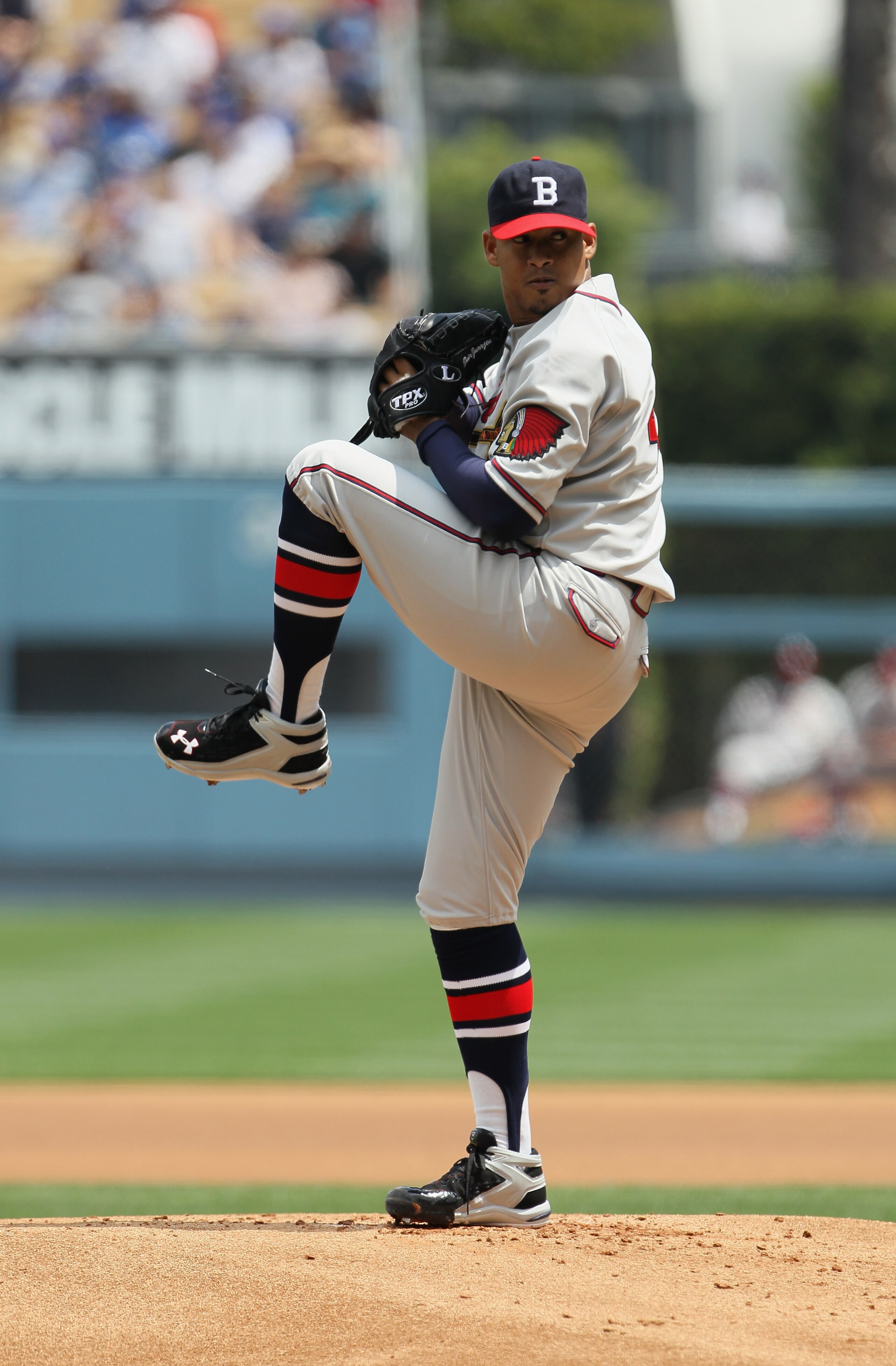 LOS ANGELES, CA - APRIL 21:  Jair Jurrjens #49 of the Atlanta Braves pitches against the Los Angeles Dodgers at Dodger Stadium on April 21, 2011 in Los Angeles, California.  (Photo by Jeff Gross/Getty Images)