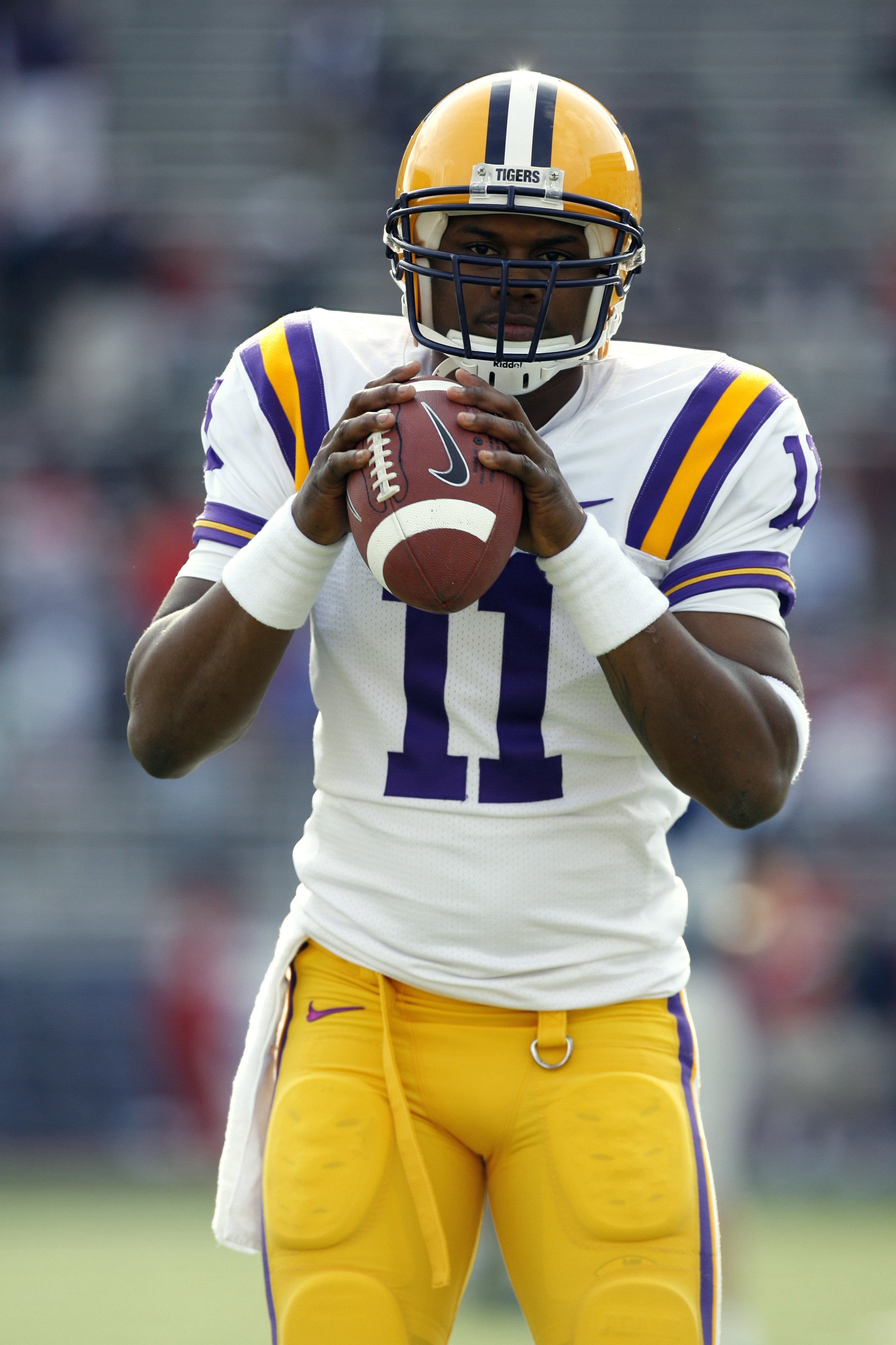 OXFORD, MS - NOVEMBER 17: Ryan Perrilloux #11 of the LSU Tigers during warmups before a game against the Mississippi Rebels on November 17, 2007 at Vaught-Hemingway Stadium/Hollingsworth Field in Oxford, Mississippi. LSU beat Mississippi 41-24. (Photo by 