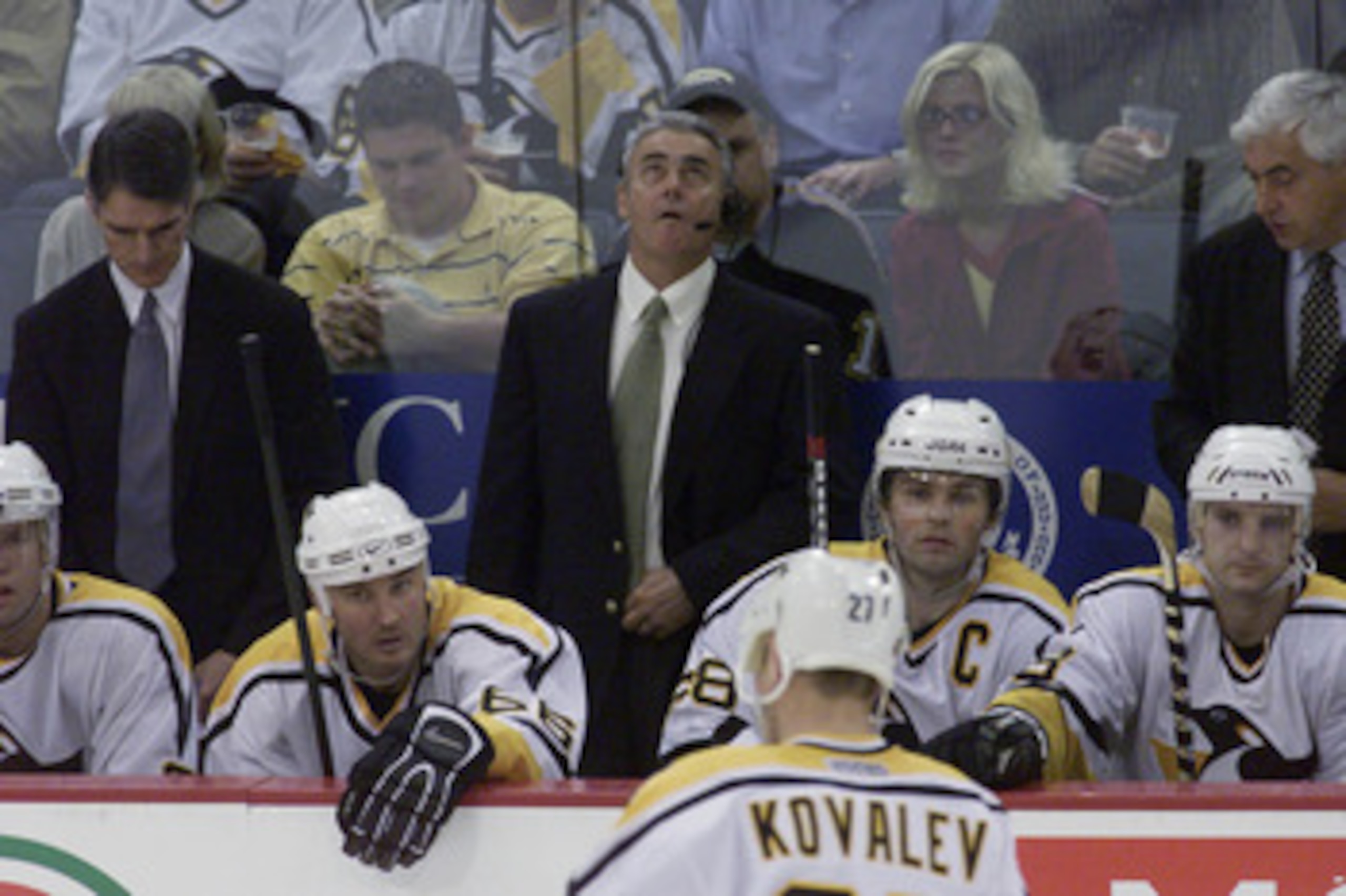 17 May 2001:  Jaromir Jagr #68 and Mario Lemieux #66 of the Pittsburgh Penguins watch as their team looses to the New Jersey Devils during Game 3 of the Eastern Conference Finals at Mellon Arena in Pittsburgh, Pennsylvania. The Devils win the game 3-0, pu