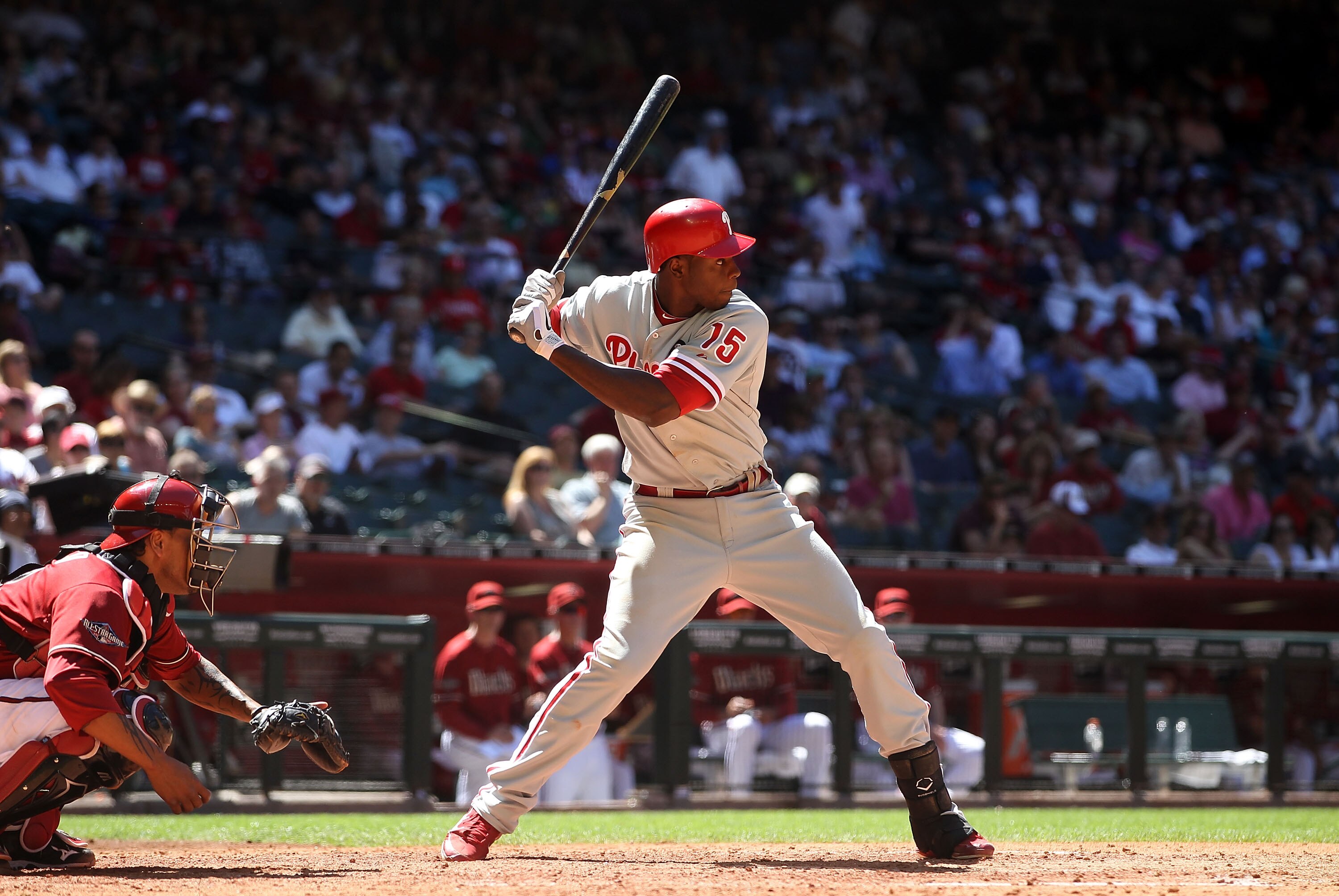 PHOENIX, AZ - APRIL 27:  John Mayberry #15 of the Philadelphia Phillies bats against the Arizona Diamondbacks during the Major League Baseball game at Chase Field on April 27, 2011 in Phoenix, Arizona.  The Phillies defeated the Diamondbacks 8-4.  (Photo