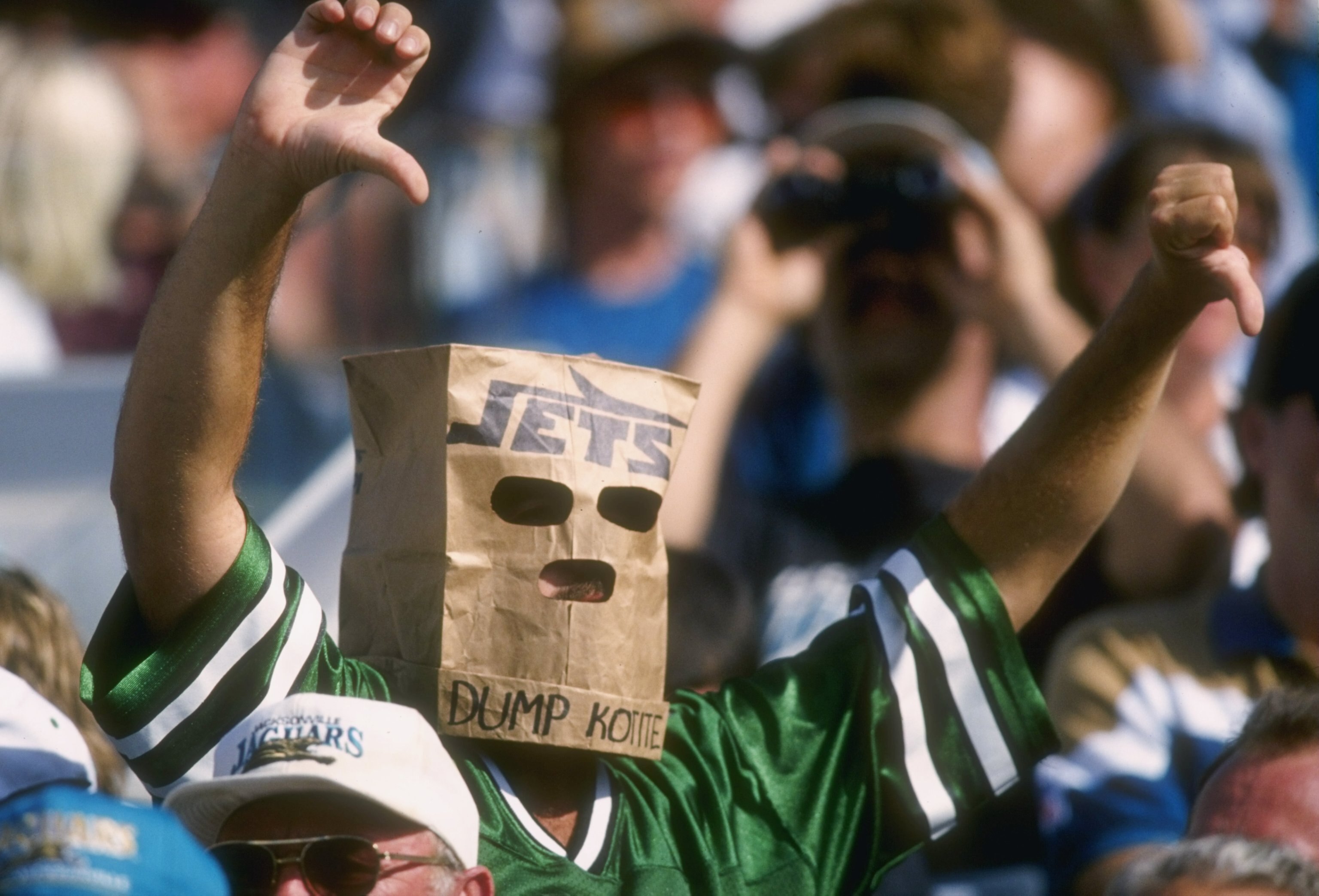 13 Oct 1996:  A fan of the New York Jets shows his disapproval with the Jets management and season as he looks on during a play in the Jets 21-17 loss to the Jaguars at Jacksonville Stadium in Jacksonville, Florida.  Mandatory Credit: Andy Lyons  /Allspor