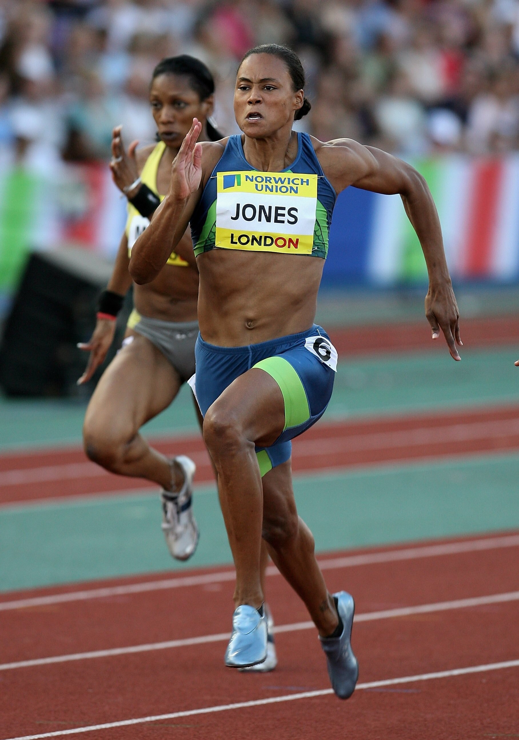 FILE:  Marion Jones of the USA in the Women's 100 metres during the Norwich Union London Grand Prix at Crystal Palace July 28, 2006 in London, England.  According to media reports on October 6, 2007 Former track star Marion Jones admits her steroid use. A